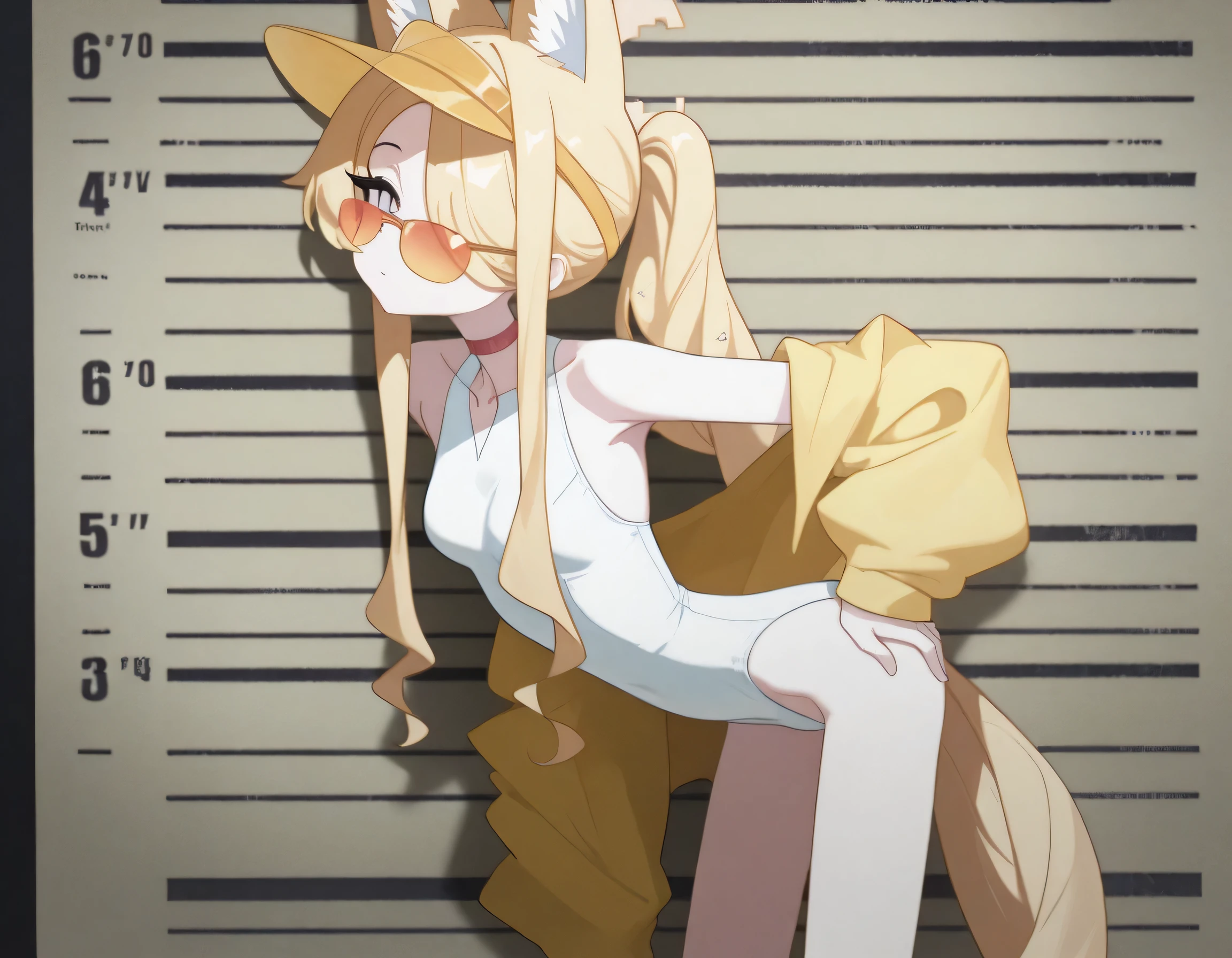 masterpiece, ultra-HD, impressionism, high detail, best quality, very aesthetic, 8k, best quality, beautiful, tmchng, anime coloring , Seia swimsuit (Blue Archive) , solo , eyelashes, long sidelocks blonde hair , purple eyes, sidelocks , hair over one eye , tail , fox ear, halo, small  , thin arms, thin legs ,  shoulders, collarbone , collar, choker, open yellow jacket , white one-piece swimsuit , highleg swimsuit , yellow visor cap , orange-tinted eyewear, tinted eyewear , sunglasses , hand on hip , thighs ,  standing , arched back , mugshot room background