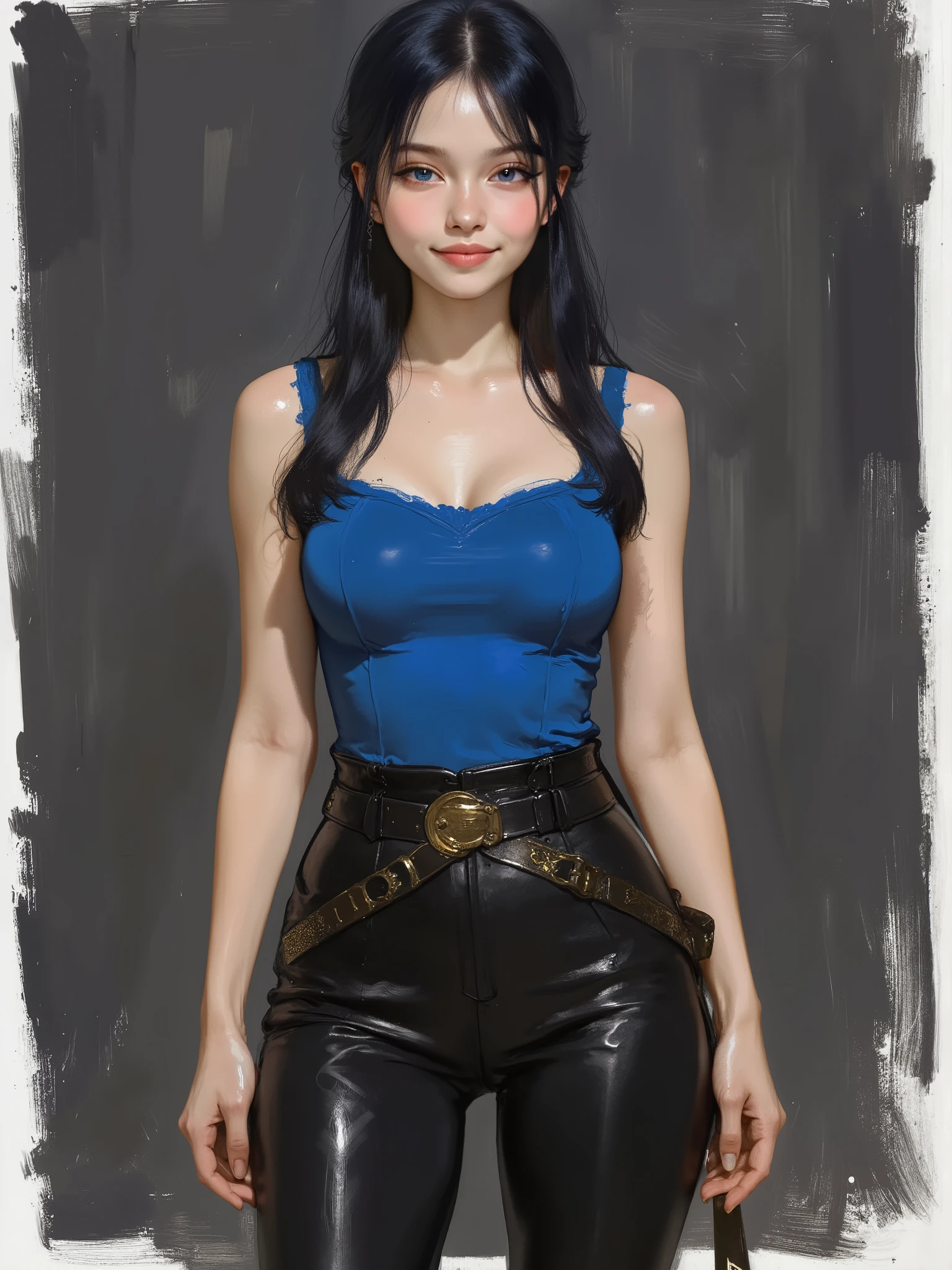sketch painting, marinette Dopanchan, A very beautiful and cute 22 year old woman. Slight smile, long hair, deep gaze, blue eyes, western eyes, detailed blue eyes, beautiful eyes, natural pink lips, thin lips, detailed lips, beautiful lips, clear face. Fair skin, perfect body, very feminine body, well-formed thighs, perfect proportions, perfect thighs, perfect , anatomical correct. Saxon blue medieval fitted sleeveless t-shirt, jet-black medieval style leather paladin pants, golden medieval style leather belt. Half body view, cowboy shot, RAW, standing, full body view, looking at the viewer, dynamic pose, graceful pose, relaxed pose, view frontal. Bright lighting, vibrant colors, colorful, sharp foreground, clear image, sharp focus, soft depth of field, blurry background, bokeh background. Masterpiece, best quality, high resolution, top quality, high quality, UHD, 16k quality, no blur, film grain. The background is dark_gray and painted with expressive, visible textures using dynamic brushstrokes and strokes that add depth and movement. The paint covers only the area just behind the subject. The outer edges of the image with jet-black margins, as if the background had been painted with a brush and with expressive and visible textures using dynamic brushstrokes and strokes fading toward the edges creating a modern and artistic vignette effect.