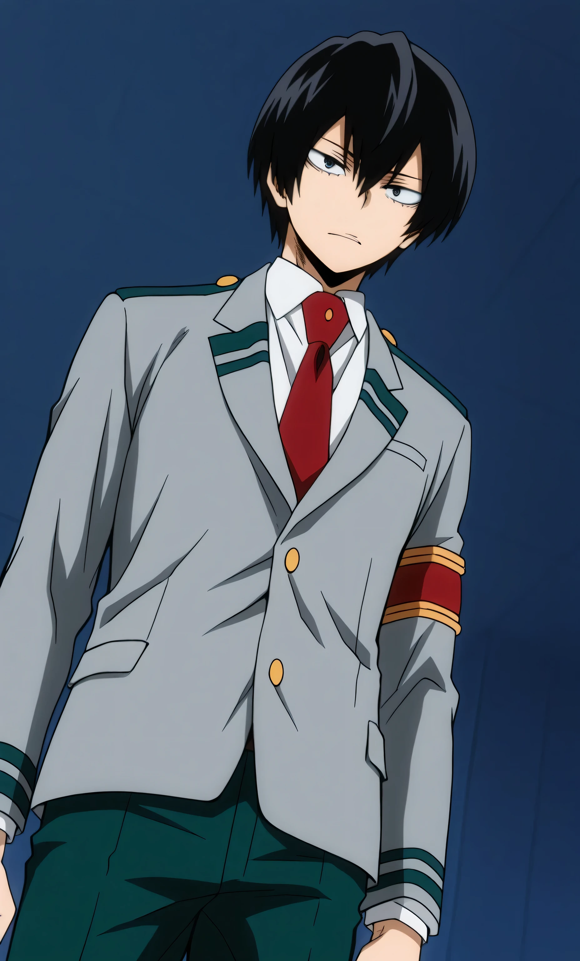 1male, solo, Kyoya Hibari, black hair, short hair, grey eyes, grim, grey blazer, red armlet, white shirt, red necktie, green pants, muscle, male focus, My Hero Academia Style