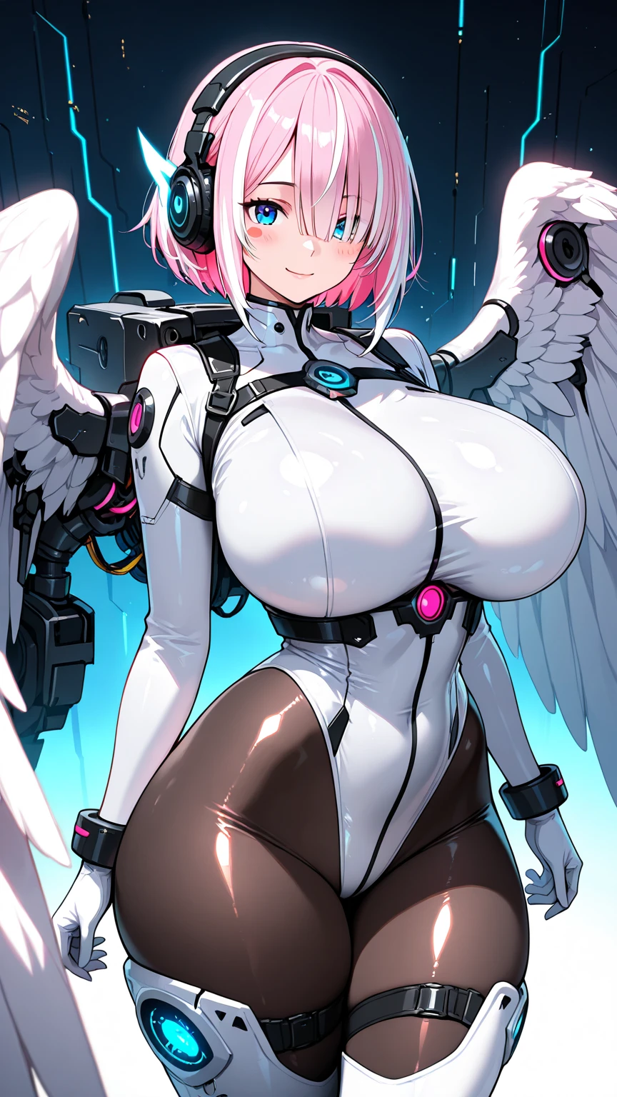 1girl, ?????????????, ???????, thick thighs, wide ????, pink hair, very short hair, hair ornament, ornament, headphones, blue eyes, white ????????, ????????, futuristic, science-fiction, tech, machinery, angel wings, thigh strap, cutout, hip vent, cleavage, serious, glowing eyes, ????????, cowboy shot, ((cowboy shot))