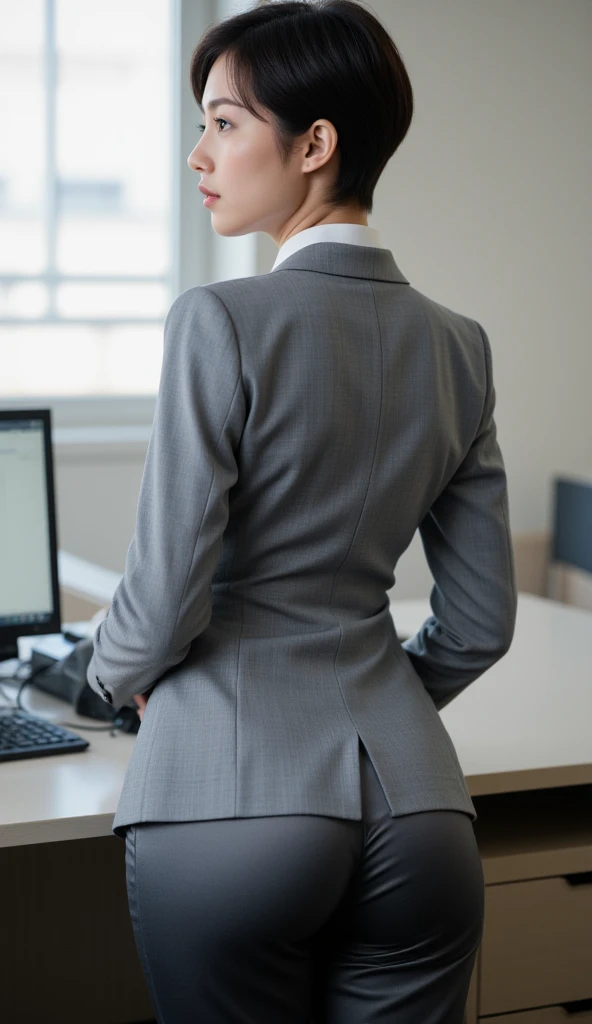 (Best quality, 8k, 32k, Masterpiece, UHD:1.2), 1girl, beautiy Japanese woman, narrow waist, grey suit, open jacket, office lady, suit, pants, , office room, desk, (stick out one's :1.2), detailed face, short hair,