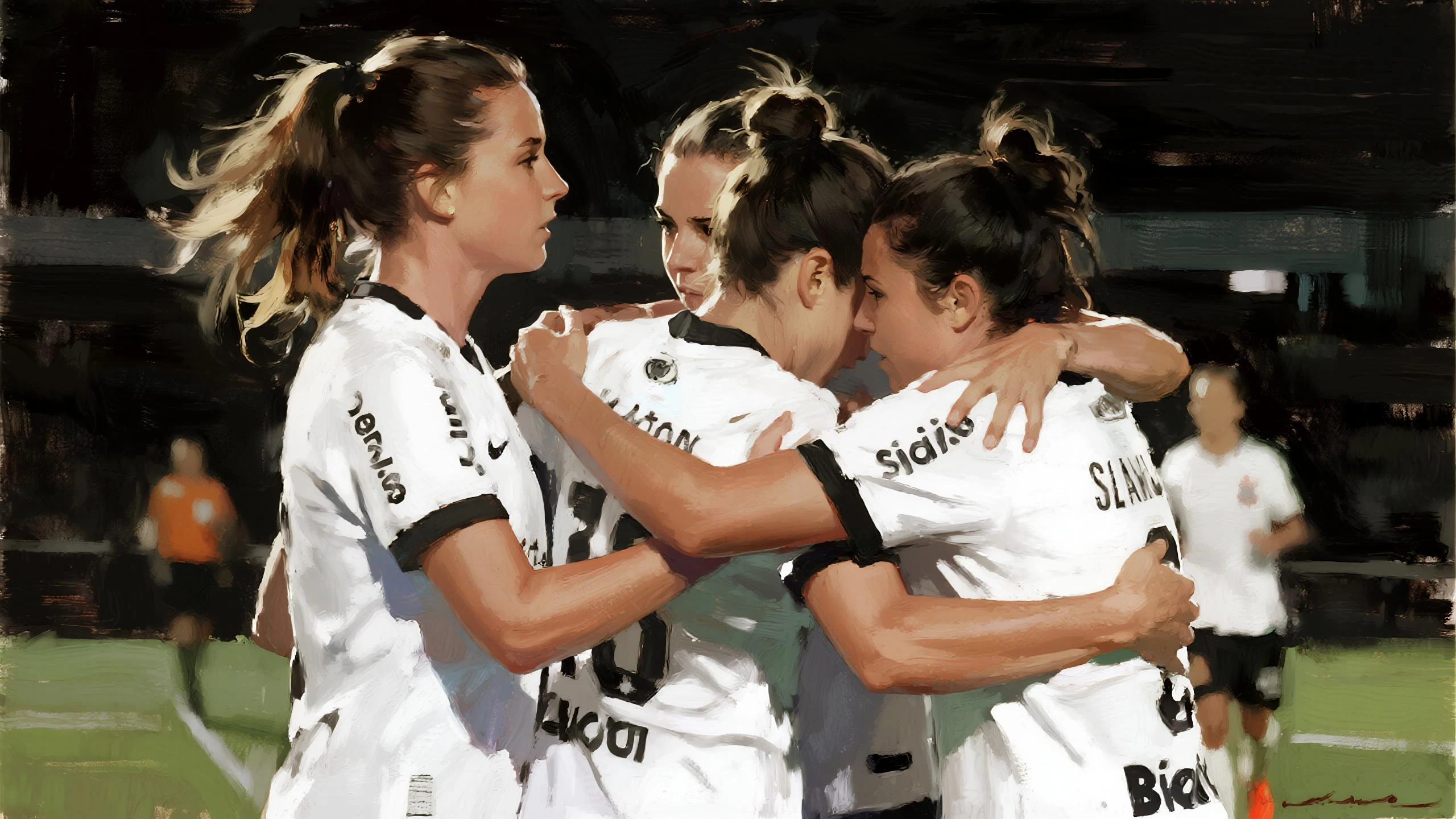 ugandan woman wearing very shiny plastic dress, Long shiny plastic skirt, Despair, unconscious, exhausted, powerlessness, man hangs limp and powerless with his head in the arms of the woman, screams of pain, shouting out in pain, shouting for aid, Dramatic rescue pose, pity, a hurt and male african football player hangs limp and powerless with his head hanging down in the arms of thewoman, a woman in a long leather-skirt has a horrofied  expression when she carries a male african football player who is hanging limp and powerless with his head hanging down in her arms, an injured male african football player in matte cotton sportswear is carried with an extremely agonised  expression, faces in pain and horror, screaming with pain, Frightened  expression, pityful  expression, pity, pain, accident, aid, football