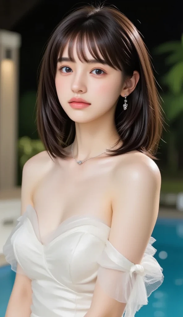 (Best quality: 1.5), (Realistic: 1.5), (1 person: 1.5), (Upper body: 1.5), Highly detailed, high resolution, 8k wallpaper, small breasts, natural colored lips, cute smile, fair skin , Japanese woman, 20-year-old girl, beautiful and elegant face, perfect and beautiful face, thin eyebrows, big eyes, beautiful and elegant face, natural bangs, beautiful thin nose, beautiful skin, medium bob hair, short cut hair, Natural bangs, perfect beautiful face, slim face and style, (looking at camera), bright lighting, professional lighting, front lighting, natural smile, church, princess-line wedding dress, tiara, beautiful face lines, small face, cute woman,