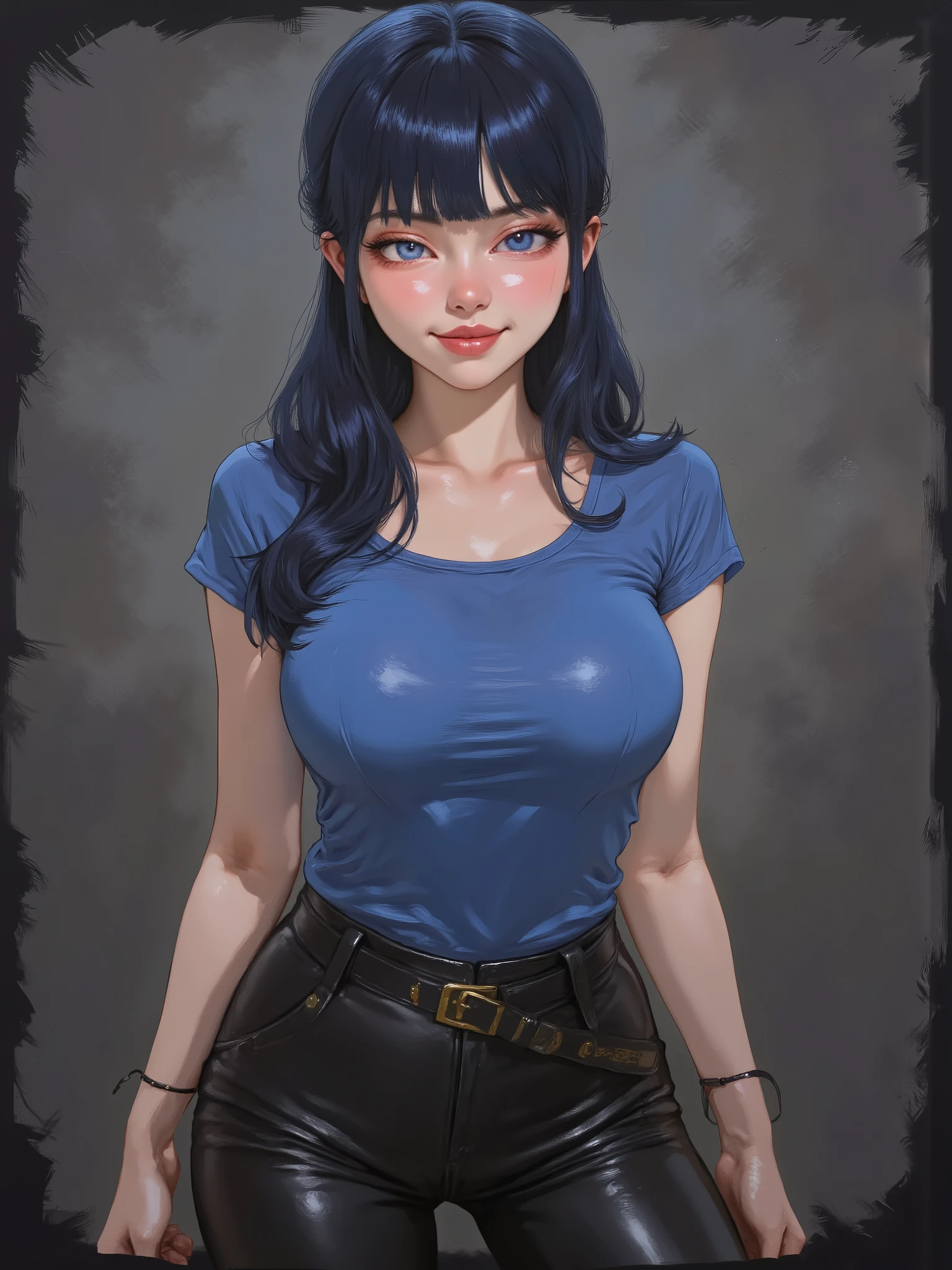 in the style of jim-musil, an oil painting of, marinette Dopanchan, A very beautiful and cute 22 year old woman. Slight smile, long hair, deep gaze, blue eyes, western eyes, detailed blue eyes, beautiful eyes, natural pink lips, thin lips, detailed lips, beautiful lips, clear face. Fair skin, perfect body, very feminine body, well-formed thighs, perfect proportions, perfect thighs, perfect anatomy, anatomical correct. Saxon blue medieval fitted sleeveless t-shirt, jet-black medieval style leather paladin pants, golden medieval style leather belt. Half body view, cowboy shot, RAW, standing, full body view, looking at the viewer, dynamic pose, graceful pose, relaxed pose, view frontal. Bright lighting, vibrant colors, colorful, sharp foreground, clear image, sharp focus, soft depth of field, blurry background, bokeh background. Masterpiece, best quality, high resolution, top quality, high quality, UHD, 16k quality, no blur, film grain. The background is dark_gray and painted with expressive, visible textures using dynamic brushstrokes and strokes that add depth and movement. The paint covers only the area just behind the subject. The outer edges of the image with jet-black margins, as if the background had been painted with a brush and with expressive and visible textures using dynamic brushstrokes and strokes fading toward the edges creating a modern and artistic vignette effect.