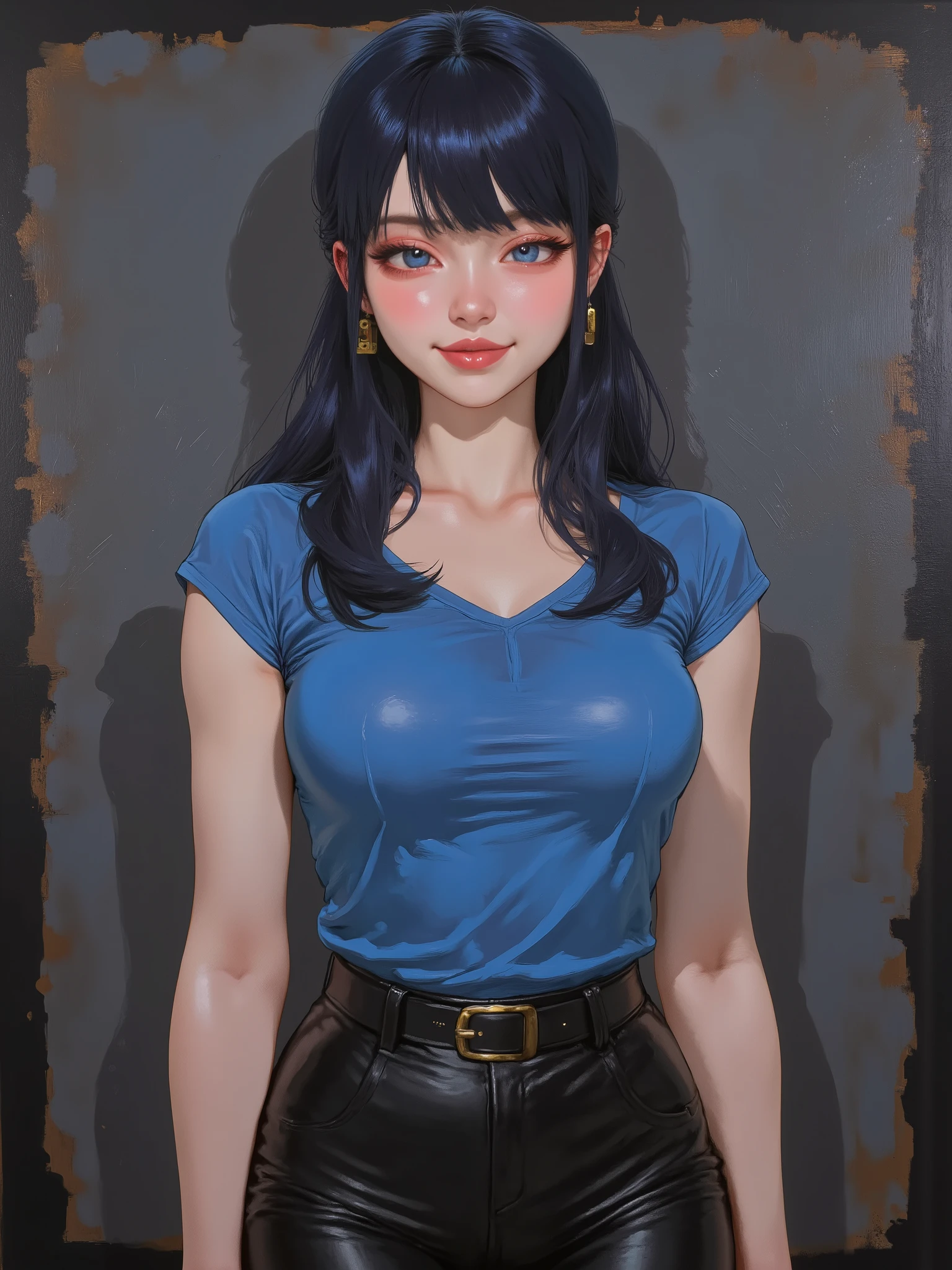 in the style of jim-musil, an oil painting of, marinette Dopanchan, A very beautiful and cute 22 year old woman. Slight smile, long hair, deep gaze, blue eyes, western eyes, detailed blue eyes, beautiful eyes, natural pink lips, thin lips, detailed lips, beautiful lips, clear face. Fair skin, perfect body, very feminine body, well-formed thighs, perfect proportions, perfect thighs, perfect anatomy, anatomical correct. Saxon blue medieval fitted sleeveless t-shirt, jet-black medieval style leather paladin pants, golden medieval style leather belt. Half body view, cowboy shot, RAW, standing, full body view, looking at the viewer, dynamic pose, graceful pose, relaxed pose, view frontal. Bright lighting, vibrant colors, colorful, sharp foreground, clear image, sharp focus, soft depth of field, blurry background, bokeh background. Masterpiece, best quality, high resolution, top quality, high quality, UHD, 16k quality, no blur, film grain. The background is dark_gray and painted with expressive, visible textures using dynamic brushstrokes and strokes that add depth and movement. The paint covers only the area just behind the subject. The outer edges of the image with jet-black margins, as if the background had been painted with a brush and with expressive and visible textures using dynamic brushstrokes and strokes fading toward the edges creating a modern and artistic vignette effect.