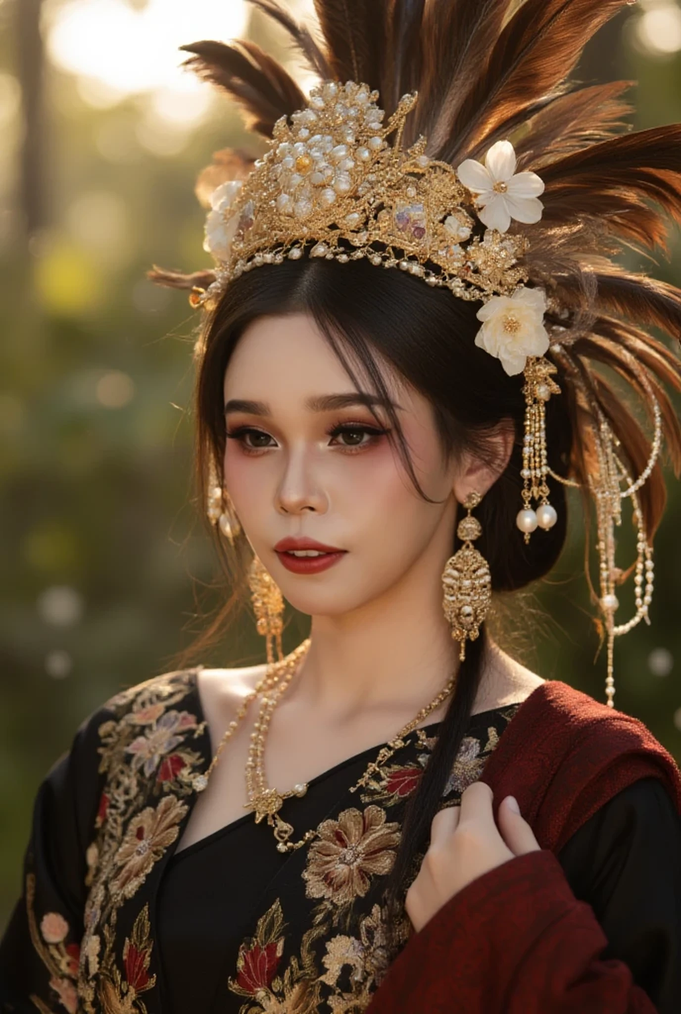 “Ultra-realistic 8K portrait of a young Southeast Asian woman in traditional fantasy Dayak-inspired attire. Half-body pose, elegant expression, smooth warm skin, rosy cheeks, glossy deep-red lips. Wearing an ornate golden headdress with intricate embroidery, pearls, gemstones, and large dark brown feathers fanning outward. Floral pearl brooches on the headdress, golden bead chains hanging around her hair. Long black hair with natural loose strands framing her face. Large luxurious gold earrings with filigree details and pearl drops, small delicate gold necklace.
Traditional black outfit embroidered with dense gold, red, and bronze thread in floral and cultural motifs; silky fabric texture with subtle sheen. Red patterned shawl resting on her shoulder. Outdoor forest background during golden hour, warm glowing bokeh lights, soft blurred trees, dreamy cinematic atmosphere with floating white particles. Golden backlighting creating rim light on feathers and hair, soft diffused frontal light, shallow depth of field, creamy bokeh. Hyper-realistic texture, high dynamic range, cinematic color grading, editorial cultural portrait style, Vogue-inspired, ultra sharp, extremely detailed.”