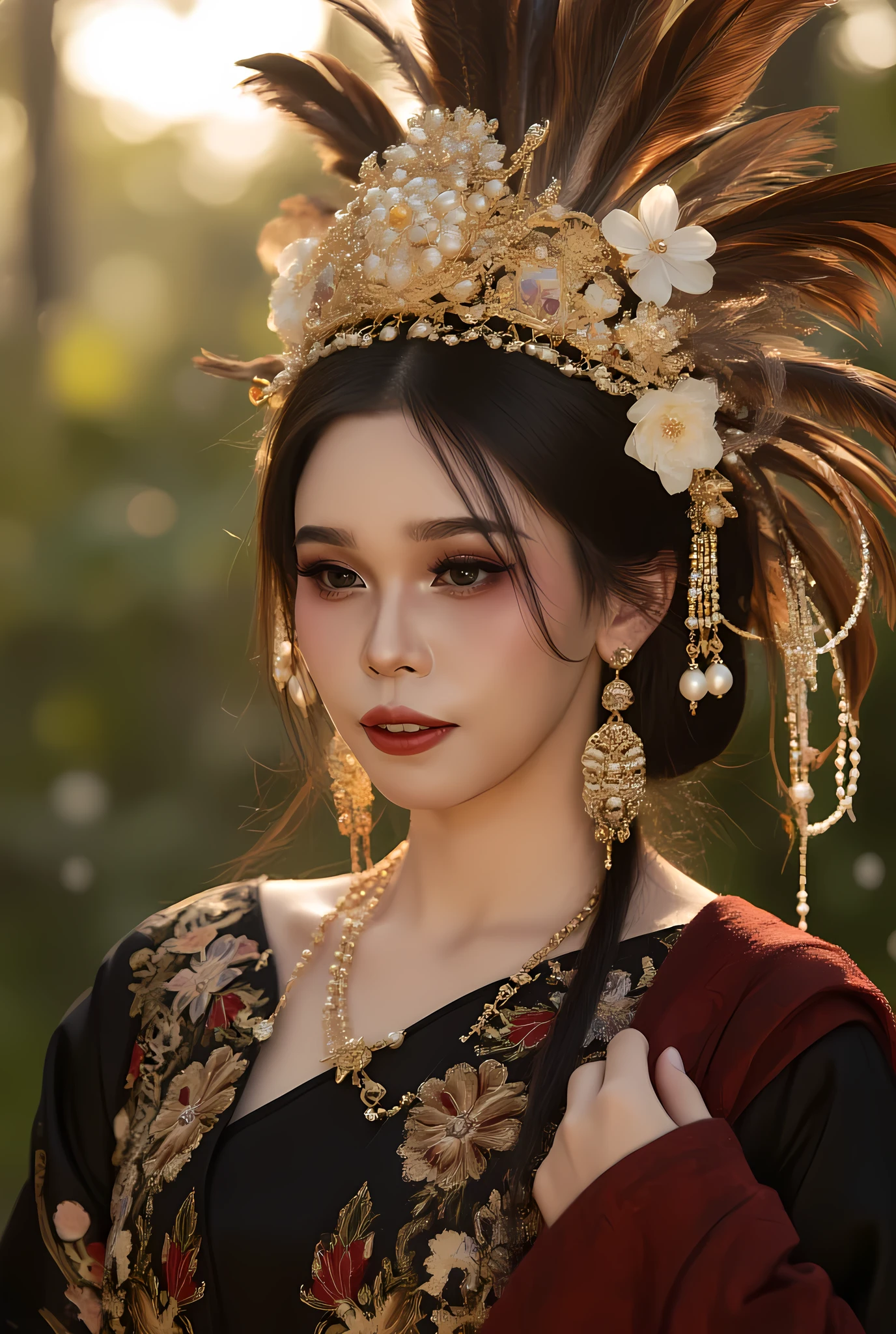 “Ultra-realistic 8K portrait of a young Southeast Asian woman in traditional fantasy Dayak-inspired attire. Half-body pose, elegant expression, smooth warm skin, rosy cheeks, glossy deep-red lips. Wearing an ornate golden headdress with intricate embroidery, pearls, gemstones, and large dark brown feathers fanning outward. Floral pearl brooches on the headdress, golden bead chains hanging around her hair. Long black hair with natural loose strands framing her face. Large luxurious gold earrings with filigree details and pearl drops, small delicate gold necklace.
Traditional black outfit embroidered with dense gold, red, and bronze thread in floral and cultural motifs; silky fabric texture with subtle sheen. Red patterned shawl resting on her shoulder. Outdoor forest background during golden hour, warm glowing bokeh lights, soft blurred trees, dreamy cinematic atmosphere with floating white particles. Golden backlighting creating rim light on feathers and hair, soft diffused frontal light, shallow depth of field, creamy bokeh. Hyper-realistic texture, high dynamic range, cinematic color grading, editorial cultural portrait style, Vogue-inspired, ultra sharp, extremely detailed.”