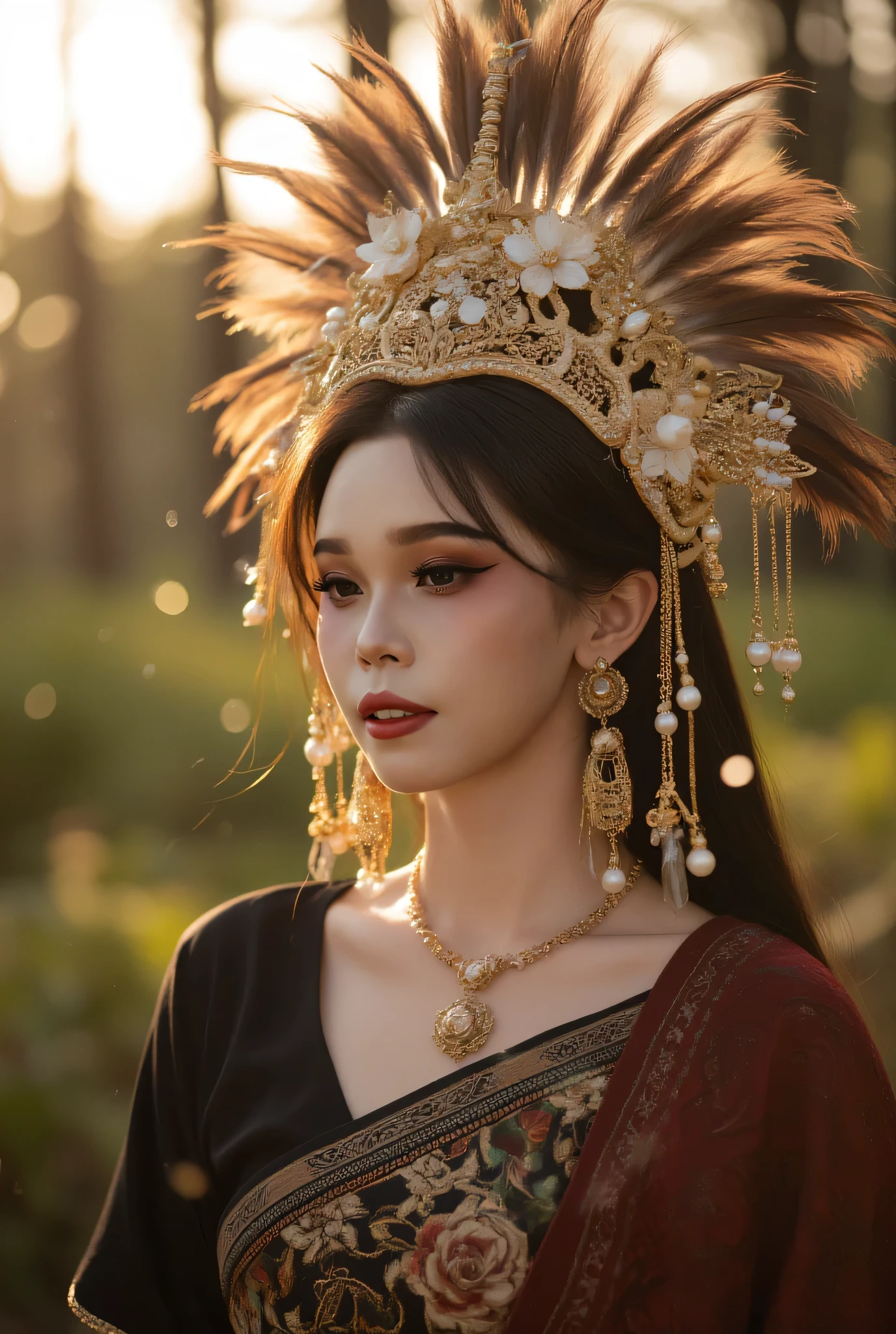 “Ultra-realistic 8K portrait of a young Southeast Asian woman in traditional fantasy Dayak-inspired attire. Half-body pose, elegant expression, smooth warm skin, rosy cheeks, glossy deep-red lips. Wearing an ornate golden headdress with intricate embroidery, pearls, gemstones, and large dark brown feathers fanning outward. Floral pearl brooches on the headdress, golden bead chains hanging around her hair. Long black hair with natural loose strands framing her face. Large luxurious gold earrings with filigree details and pearl drops, small delicate gold necklace.
Traditional black outfit embroidered with dense gold, red, and bronze thread in floral and cultural motifs; silky fabric texture with subtle sheen. Red patterned shawl resting on her shoulder. Outdoor forest background during golden hour, warm glowing bokeh lights, soft blurred trees, dreamy cinematic atmosphere with floating white particles. Golden backlighting creating rim light on feathers and hair, soft diffused frontal light, shallow depth of field, creamy bokeh. Hyper-realistic texture, high dynamic range, cinematic color grading, editorial cultural portrait style, Vogue-inspired, ultra sharp, extremely detailed.”