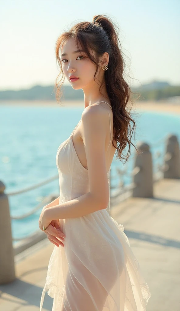 highest quality、4K、Perfect Face、Perfect Style、perfect body、Sunburn、beautiful lady、mature、long curly layer brown hair、Swept-back hair、full body,  、charming、healthy、8K、windy hair、at Greece、white cityscape