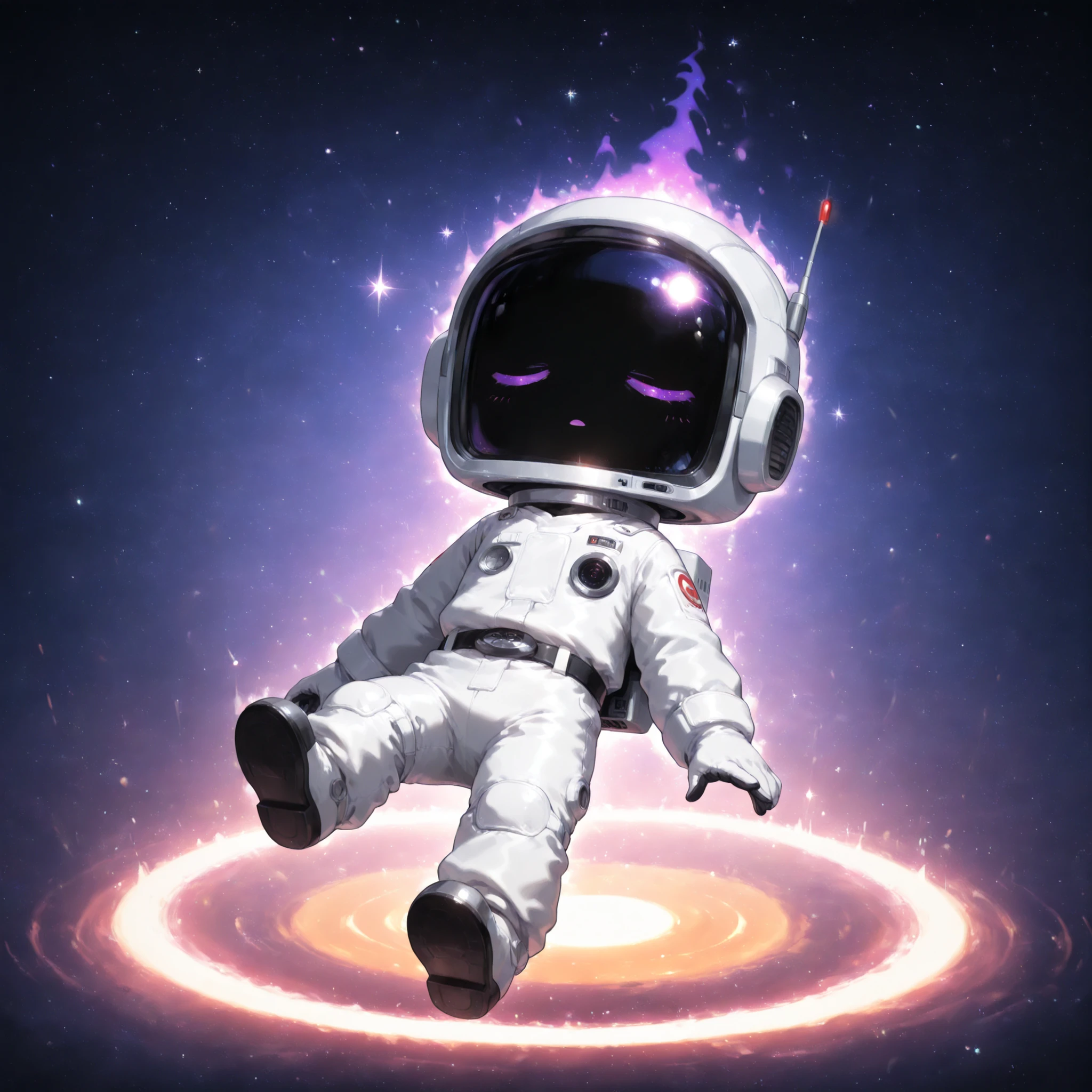 [🚀] [Space-Theme] [Radioperson-Persona] [Celebrating-Christmas] [Model-Testing] [AI-Music Testing], (masterpiece, best quality:1.2), chibi style, 1boy, radio_head, expressive craze_face, glowing circle eyes, glitch_face distortion, chibi style, soft outlines, cute proportions, wearing spacesuit, closed eyes, tired eyes, face_screen,face_screen(future_screen),blackscreenface, (floating gently in outer space), drifting slowly, tiny distant planet far behind him, small and round, light starfield, soft cosmic sparkles, pastel purple nebula haze, character slightly rotated as if weightless, limbs relaxed, soft body floating pose, radio_head glowing softly, small glitch particles drifting off, subtle purple aura around him, gentle distortion effects, calm, peaceful, dreamy space atmosphere, no violence, no explosion, just cute space drift vibe, tiny digital debris slowly orbiting him, (album cover framing:1.1), centered subject, no text, clean, soft, simple composition.
