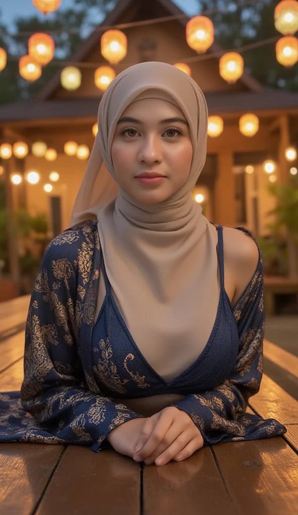 A 52 years old Indonesian woman in cream color hijab, wearing cream color lace tight t-shirt, wearing very short  cream color lace skirt, skirtlift, villager, poor woman, darker skin, curvier body, short body, smiling and standing on a wooden house balcony, look to the viewer with eye close
