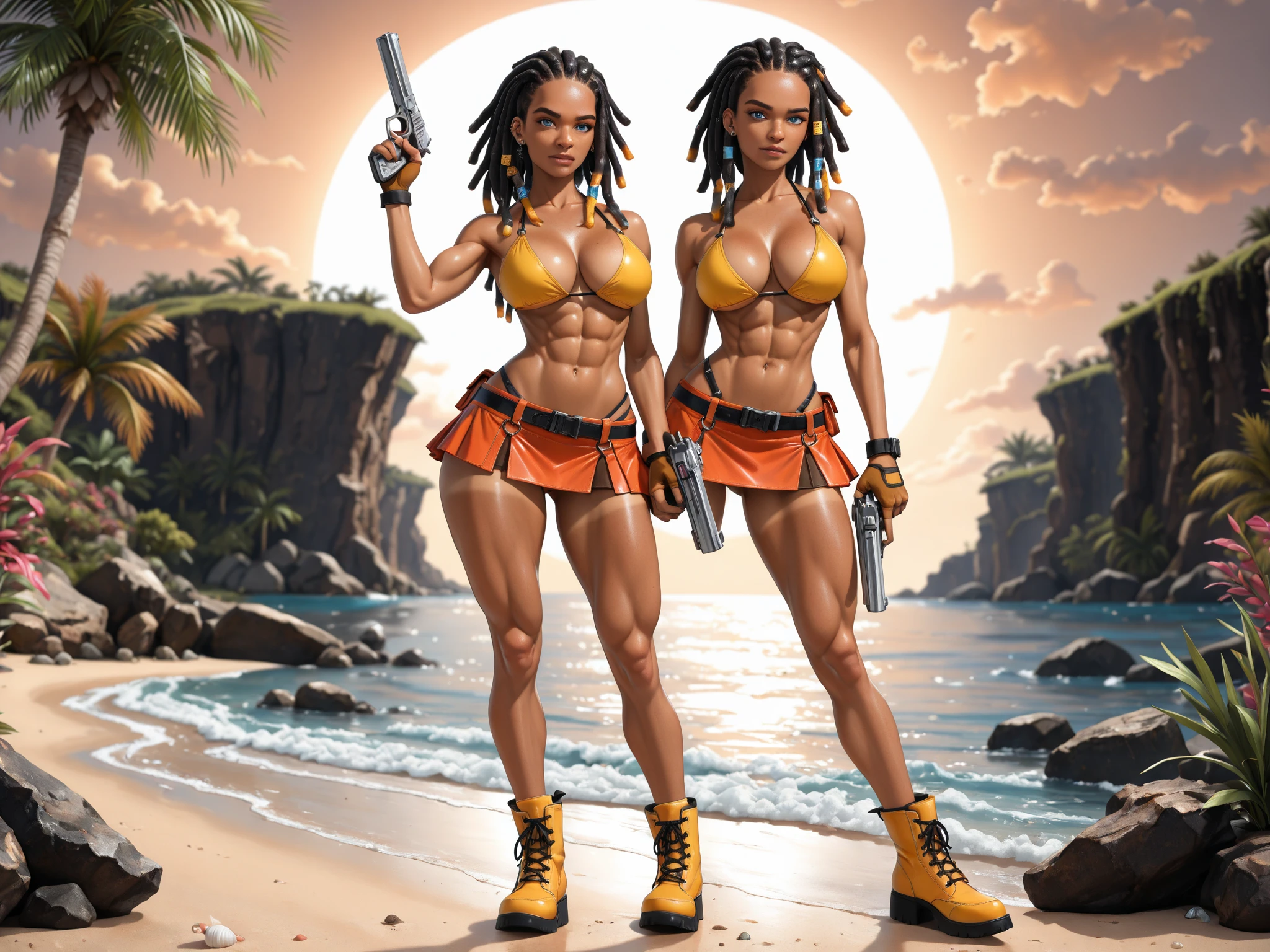 (complex two subjects) best quality,4k,8k,highres,masterpiece:1.2),ultra-detailed,(realistic,photorealistic,photo-realistic:1.37),(Sofía Vergara as the  Joker. With her alluring charm, she embodies the mischievousness and playfulness of the character. Her eyes captivate with their mesmerizing gaze, drawing you into her world. Her detailed lips, slightly parted in a seductive smile, add to her allure. (Sofia has Iconic Joker makeup, iconic Joker hair dye, and insane  hair))(subject 2), Kelly Hu takes on the role of Harley Quinn, exuding a distinct sense of craziness and mischief. She flirts with danger and steals the spotlight with her flirtatious expressions and exaggerated gestures. (Not identical makeup to Sofia),Her vibrant makeup and colorful hair reflect the colorful chaos that surrounds her. The scene is set in the immersive world of Gotham City, with its dark and brooding atmosphere. The city skyline, illuminated by the neon lights of the Joker's antics, creates a haunting backdrop. Both characters are armed with Joker weapons, showcasing their dangerous and unpredictable nature. Sofía Vergara wields an intricately designed weapon, showcasing her power and control. Kelly Hu's weapon complements her wild and unpredictable personality, adding an extra touch of chaos to the scene. The color palette leans towards vibrant and bold hues, reflecting the flamboyant and larger-than-life personalities of the characters. The lighting is dramatic, casting shadows and highlighting the characters' features, adding depth and intensity to the scene. The resulting image is a high-quality masterpiece that captures the essence of these two iconic characters, bringing them to life in a visually stunning and immersive way. (show both women, full body shot, head to toe)