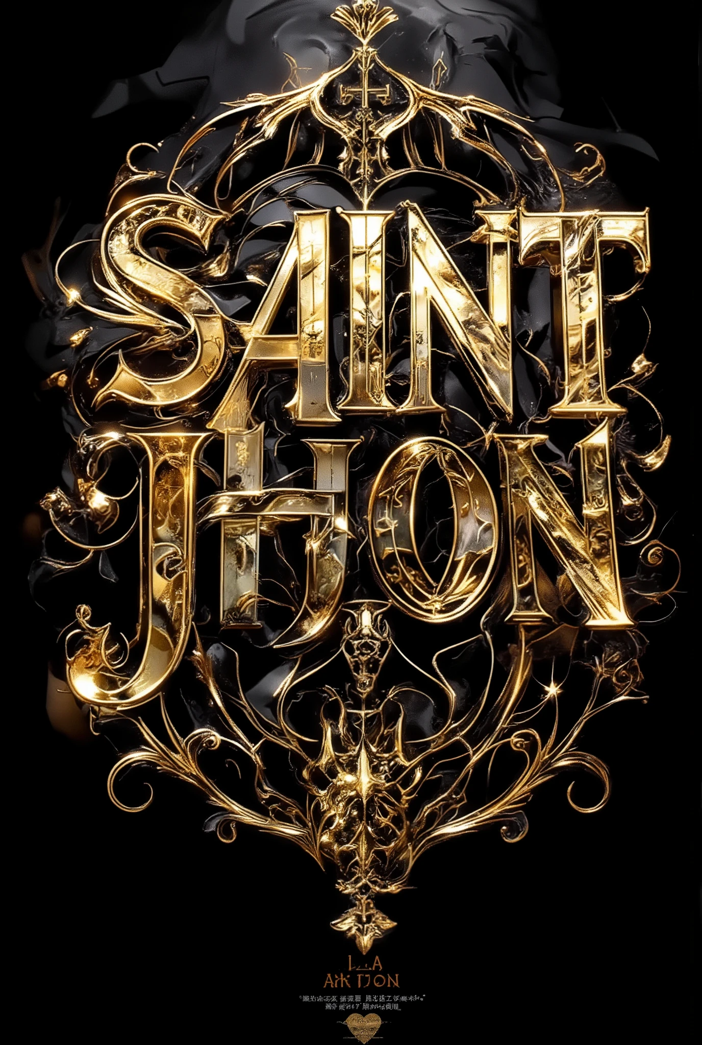 a completely black background with large, stylized gothic letters in gold color, poster type that says Saint Jhon