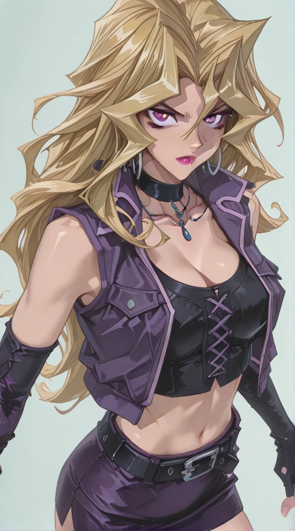 ((masterpiece,best quality)), absurdres,
<lora:Mai_Valentine:0.8>,  purple eyes, long hair, blonde hair,  smile, hearts, 
kujaku mai,  shoulders, cleavage, coat, collarbone, white corset, cross-laced clothes, detached sleeves, hair between eyes, heart, jacket, , long sleeves, midriff, navel, phamoz, purple jacket, purple skirt, simple background, skirt, smile, white background, yu-gi-oh!
