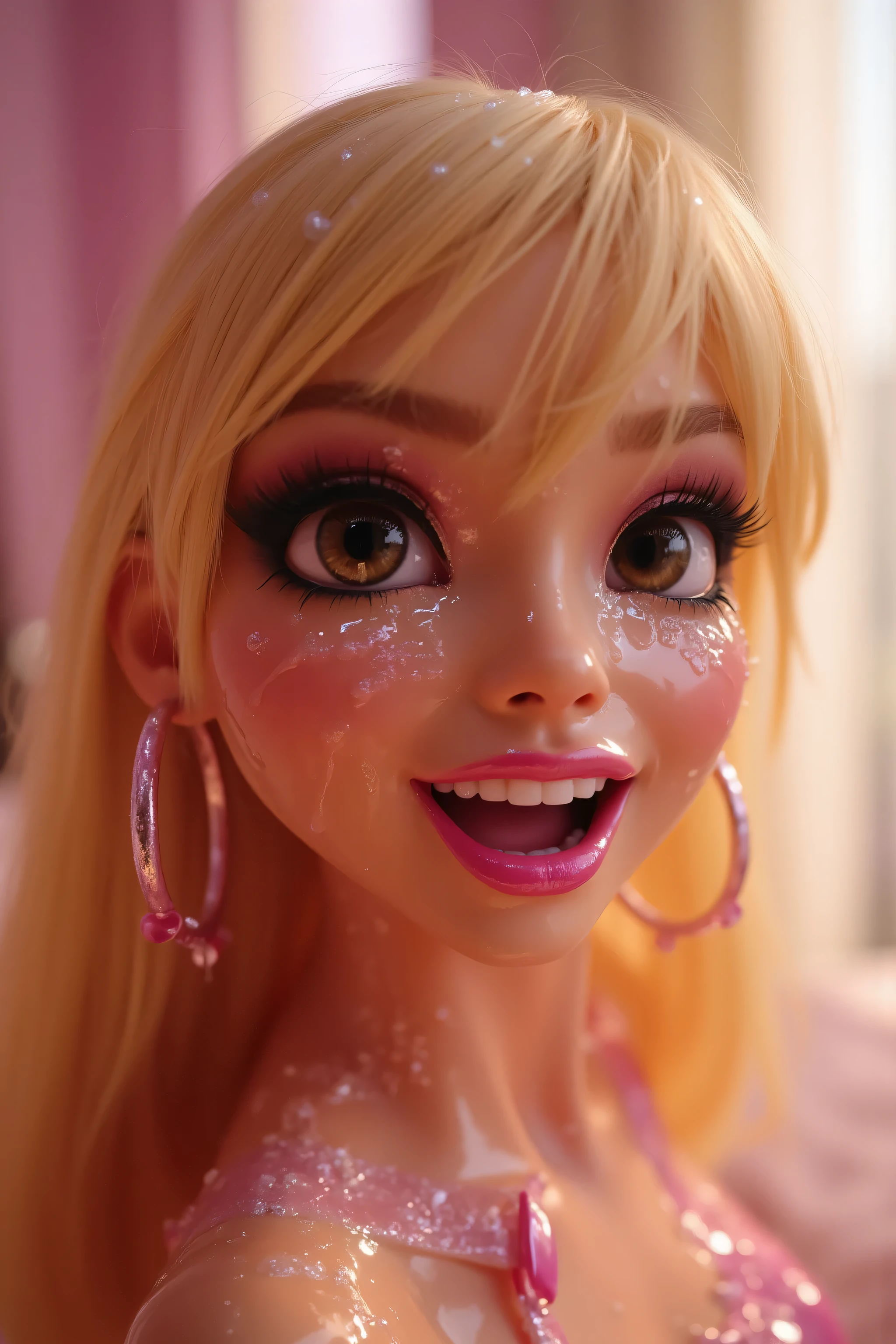 NSFW portrait in medium close up showing the full face of an impressive 18-year-old hyperrealistic doll in Winx Club style, with stunning face and sculptural slim body, cum drenched in cum, translucent white microdroplets of semen sprayed all over your face, cabelo, seios e tetas nuas, creating a delicate misty pattern like morning dew, Rosto encharcado, tiny shiny beads suspended in blonde threads and huge eyelashes, drops reflecting light creating prismatic effects, new layer creating constellation-like patterns on your shiny skin, soft and blurry makeup under the dewy layer, mascara slightly blurred by moisture, artfully blurred dramatic cat eye eyeliner, metallic pink shadow with shiny glitter appearing through crystalline drops, huge mouth wide open in a mischievous smile, showing perfectly aligned white teeth, full, full lips curled in a radiant and wide laugh, Huge hazel eyes set wide in dazzling admiration, arched eyebrows expressing shock, looking directly at the viewer with an intense and playful look of fun, pearlescent micro drops scattered across perfect tits, large shiny pink plastic hoop earrings adding Y2K style, fuchsia latex choker necklace with plastic buckle seductively embracing her neck, skin shining under a new layer, breasts shining with scattered droplets, in a luxury bedroom with shades of pastel pink, soft natural light flowing through large windows with translucent white curtains, golden hour of the sun naturally highlighting body and face, tanned skin shining under new pearlescent layer, composition seen from above showing the full face full of excitement and pleasure, emphasizing the sperm scattered on her face with huge hazel eyes and huge mouth wide open