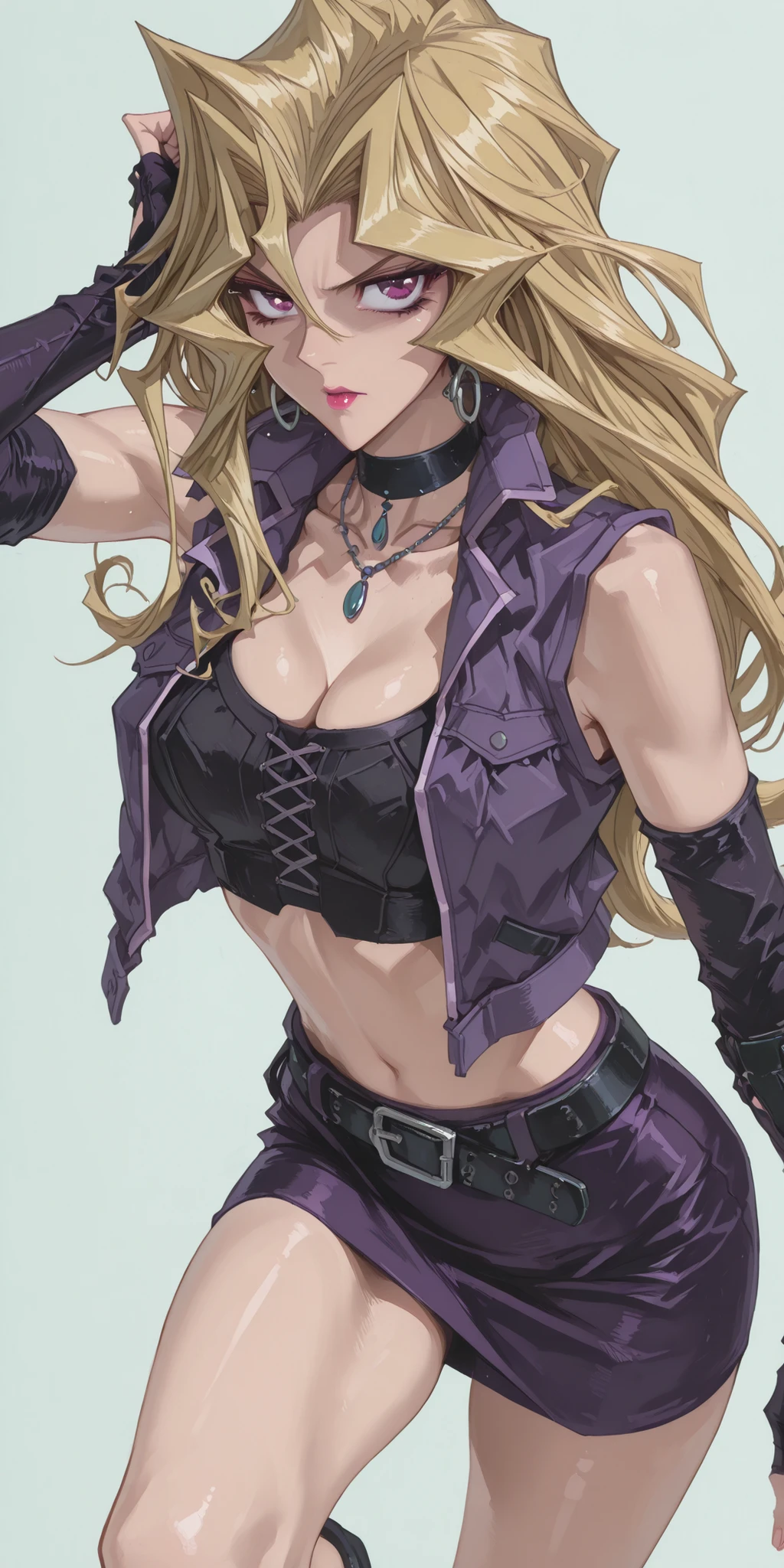 ((Simple Background, color gris)), intricate details, High quality, aesthetic, ultra detailed, ((masterpiece, detailed:1.2), ((dramatic image)), Fantasy eyes, medium breasts, body fit, soft curves, hand,1girl, blonde hair, long hair, purple eyes, hair between eyes, collarbone, earrings, Jewelry, lipstick, makeup, hoop earrings, crop top, vest, purple jacket, shirt, cleavage, midriff, choker, necklace, fingerless elbow gloves, belt, pencil skirt, miniskirt, ((dynamic pose)), looking at the viewer, captures knee-deep ,