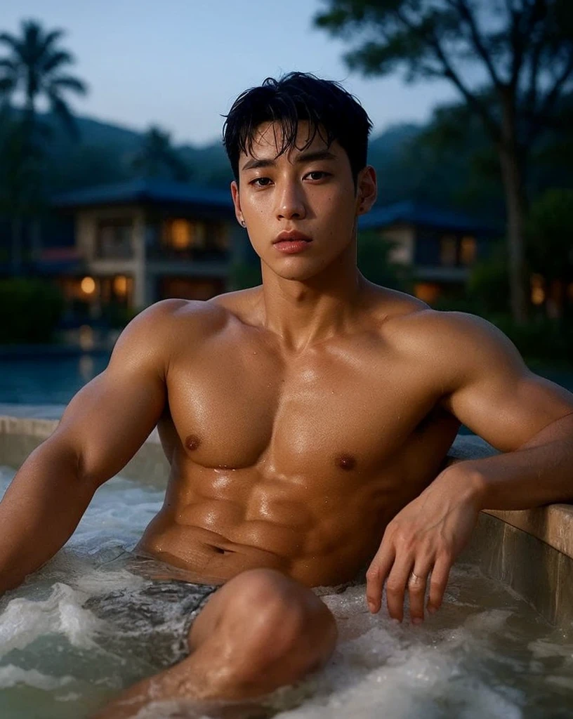 Create a 64k photo of a handsome, sharp-featured Asian teenage boy with a six-pack and a toned physique, tanned skin, wearing white and blue alternating underwear, sitting with his legs stretched out in a large, clear, cool jacuzzi. The background is a cluster of flowers and a bamboo fence.