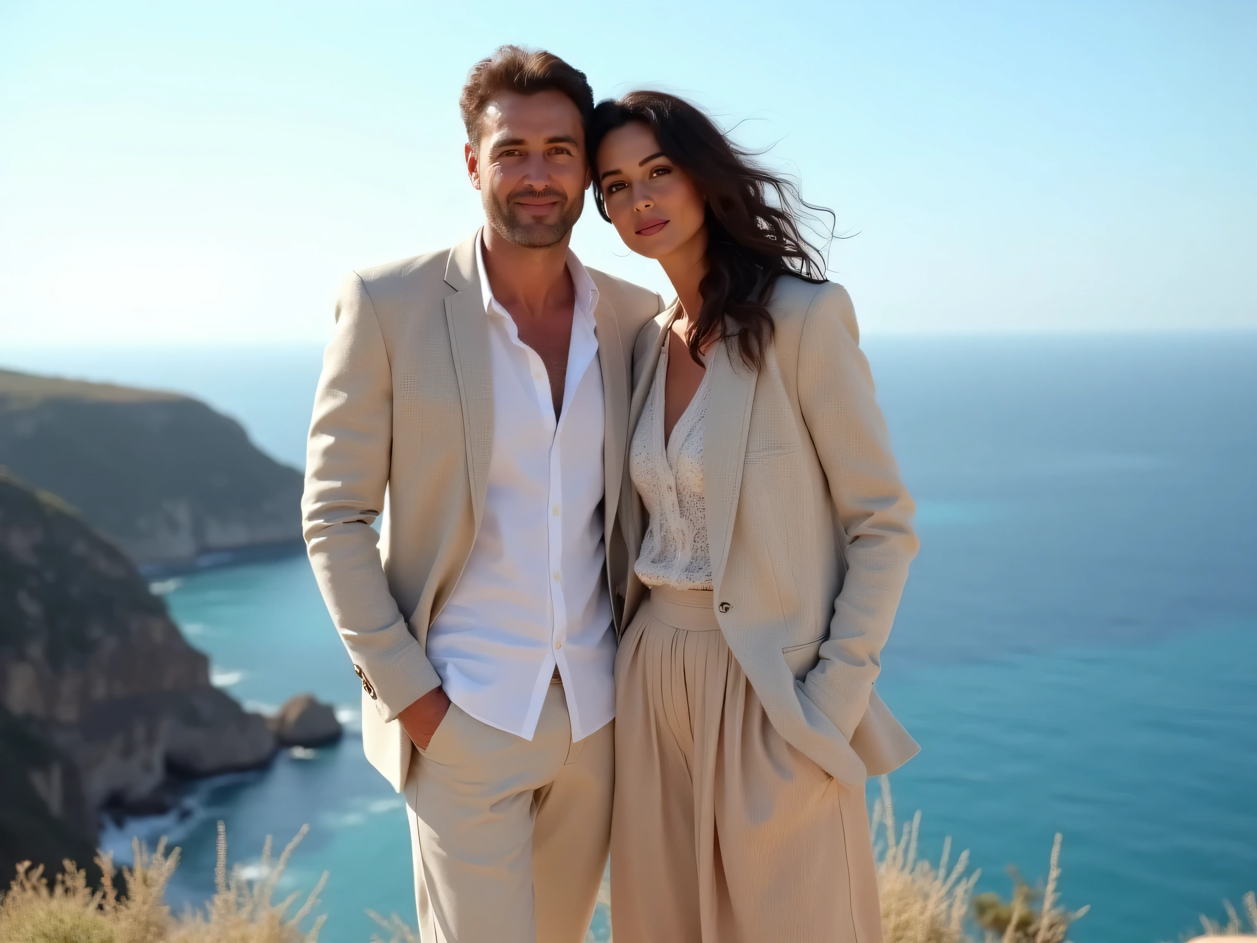 Monica Bellucci is posing for a photo with a 40 year old man. The man has a full head of light brown hair. The man has a dad bod.  The man is wearing a white button up dress shirt, linen suit jacket, linen suit pants, and black Skechers. Monica is wearing an elegant blouse and skirt, which also speaks to her very sultry essence. They are in Greece standing on a cliff top overlooking the Mediterranean Sea during a sunny day. They are both happy and smiling. 8k, photorealistic, realism, photorealism, perfect hands, perfect feet. Full body shot.