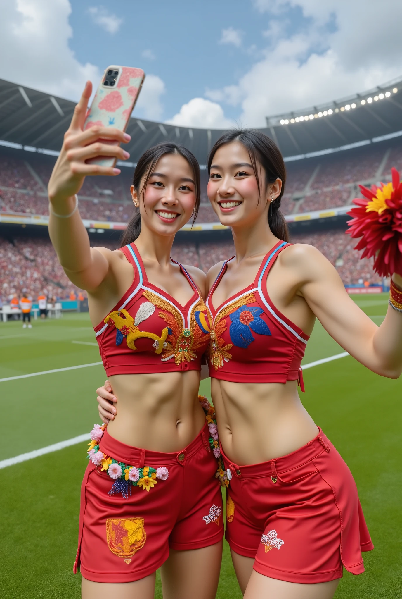 Asian beauty Chearleader taking selfie with lionel messi football player