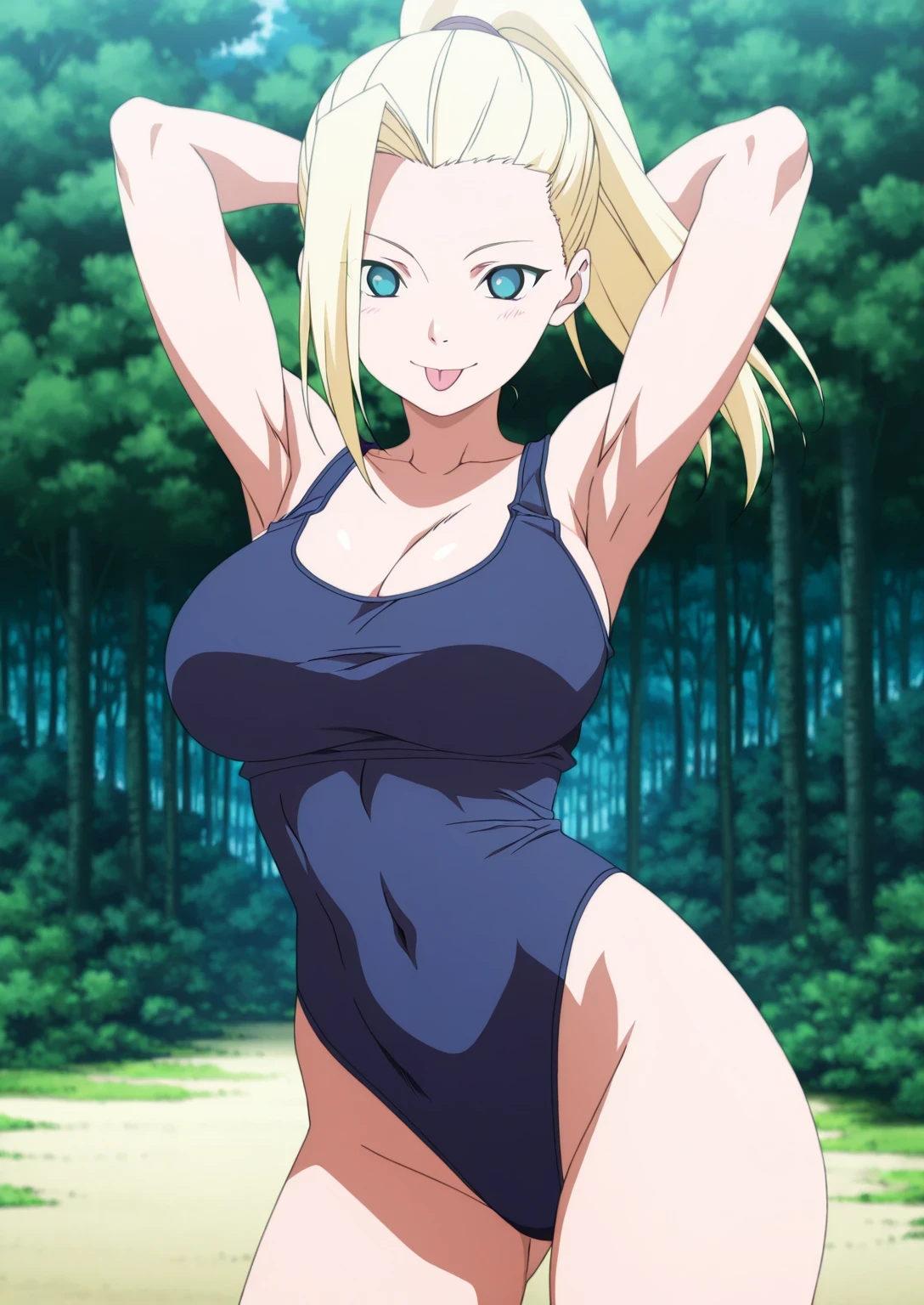 傑作、best quality、best resolution、best image quality、amazing quality、 very aesthetic、 absurdres、anime coloring、anime screencap、anime screenshot、1girl、<lora:P-IL-GeninIno:1>、ino、solo、13 years old、younger、blonde hair、blue eyes、high ponytail hair、anime girl is wearing a blue leotard、covered breasts、big breasts、cleavage、large breasts、covered boobs、large boobs、younger、A girl doing a yoga pose、anime pose、yoga pose、ballet pose、wearing a leotard、outfit:leotard、anime girl is wearing a blue leotard、biceps、triceps、brachioradialis、deltoids、thigh muscles、collarbone、trapezius、bare shoulders、bare arms、bare hips、bare crotch、bare thighs、bare legs、covered navel、covered abdominal muscles、covered midriff、slender body、toned body、(blue only leotard)、high leg cut、cool girl、beautiful girl、sexy girl、lewd girl、high leg cut leotard、simple leotard、 basic leotard、athletic leotard、training leotard、plain leotard、tight leotard、no underwear、tank top strap leotard、really、anime cool girl、The top half of the leotard is a tank top、The lower half of the leotard is high leg cut、tight leotard、leotard only、female focus、looking at viewer、cowboy shot、outdoor、forest、