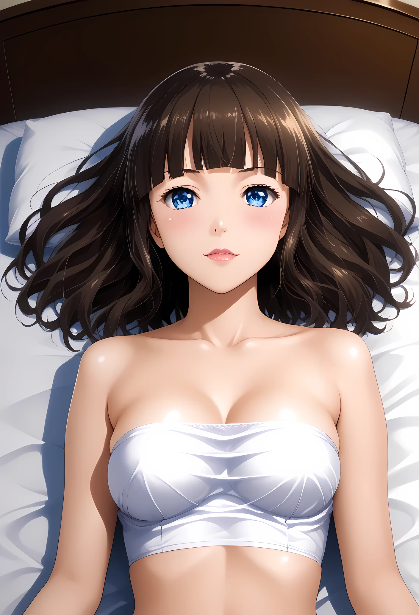 ((perfect )), (photo realistic), (very aesthetic), (highres), (detailed eyes), (top quality), (Realistic), (Super Detailed), (masterpiece), (top quality), (very detailed), (ultra detail), (Super detail), young woman with light brown hair and blue eyes, Lying in bed,   are prominent, 薄いピンク色ので. masterpiece, high score, great score, absurdres, 4k, japanese, Beautiful woman, bandeau nikini, hime cut, black hair, looking at viewer, standing, 白い手袋をはめた, が胴体下部, 露出した, 白いひも. ぼやけた, 両足の間を走る, の上にあり、先端から液滴が垂れ下がっています, の上に置かれた細い. と、全体的な印象は、親密な, 示唆的な瞬間.