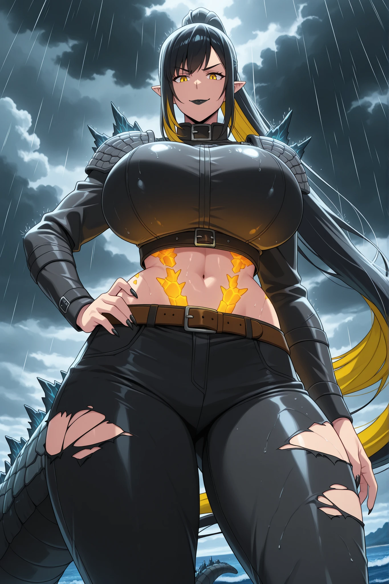 anime screencap, masterpiece, best quality, kajiu-jin-ah, 1girl, Mature Female, attractive face, yellow eyes, pointy ears, absurdly long hair, two-tone hair, Godzilla tail, Godzilla nails claws, Godzilla large tail, long tail, very long tail, yellow eyes, black hair, ponytail, sidelocks, ractical body shape, glamorous bodies, attractive bodies, large Curvy, Slutty, Neat, huge breasts, massive breasts, thick thighs, ((Godzilla 2021 \(Godzilla\) \(cosplay\), long sleeves, innie navel, pants, personification, standing, black clothes, black pants, torn clothes, torn pants, scale on body, scaled shoulder pads, belt, belt buckle, buckle glowing, smile, black Lipstick, sexy body, (((Sexy,))), hand on own hip, looking at viewer, annoyed, cowboy shot, from below, looking down rain, cloud, cloudy sky, dark clouds, giant, giantess, ocean,