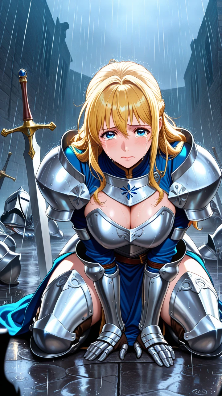 (detailed background:1.1), (bloom, depth of field, blurry background:1.2), floating castle, anime coloring, anime screencap, (front view :1.2), (dynamic pose:1.3),
BREAK,
(1girl, solo), blonde  hair, short  hair, hime cut , diagonal bangs , grey  eyes   , standing, hand on knee   ,
BREAK
(snake girl:1.3), snake tail, slit pupils, forked tongue, scales, fangs, pointy ears, (large breasts:1.2), 
(knight:1.3), breastplate, armored skirt, gauntlets, thighhighs, armored boots, shoulderpads, female knight, tiara, sword, tabard
<lora:Remu_kirieroido_Style_-_Illustrious:0.9>