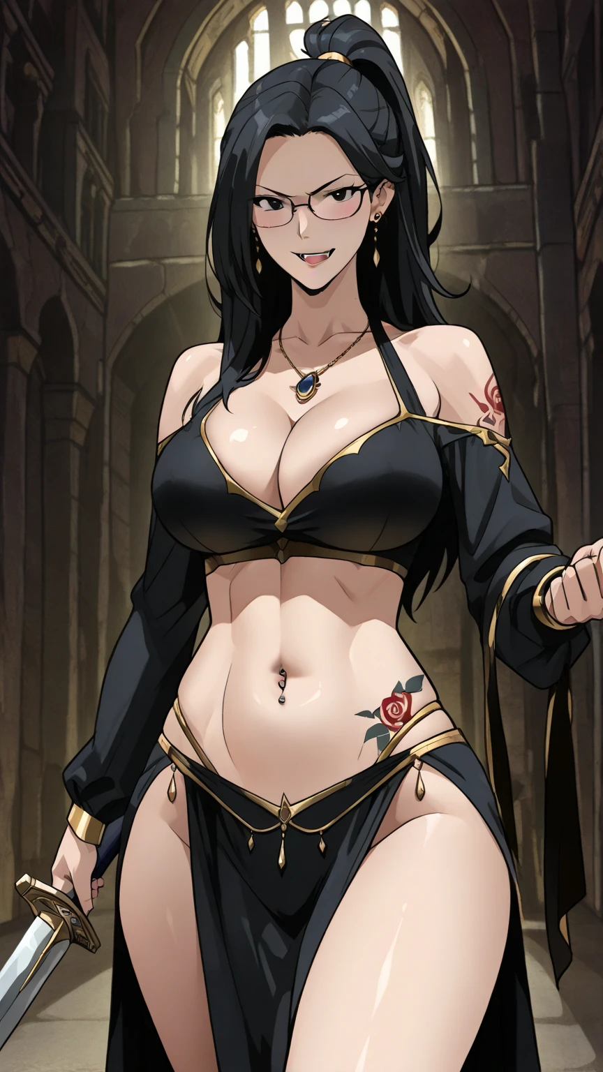  evil smile, smile, blush, lipstick,
Black_hair, Brown_eyes,Long_hair,single braid, 
masterpiece, best quality, highly detailed ,glint,halterneck,gold_choker, complex detailed background,
inside, stone wall, ancient interior, ancient egyptian room, hieroglyphs, dark lighting, dark
atmosphere, (cowboy shot), holding a sword, sword, belly_chain,harem_outfit,navel, necklace,
pelvic_curtain,revealing_clothes, veil，masterpiece,best quality,1girl,mature,evil smile, smile,
female,mature,necklace,pendant, exposed belly, exposed navel, exposed
midriff, exposed lower belly