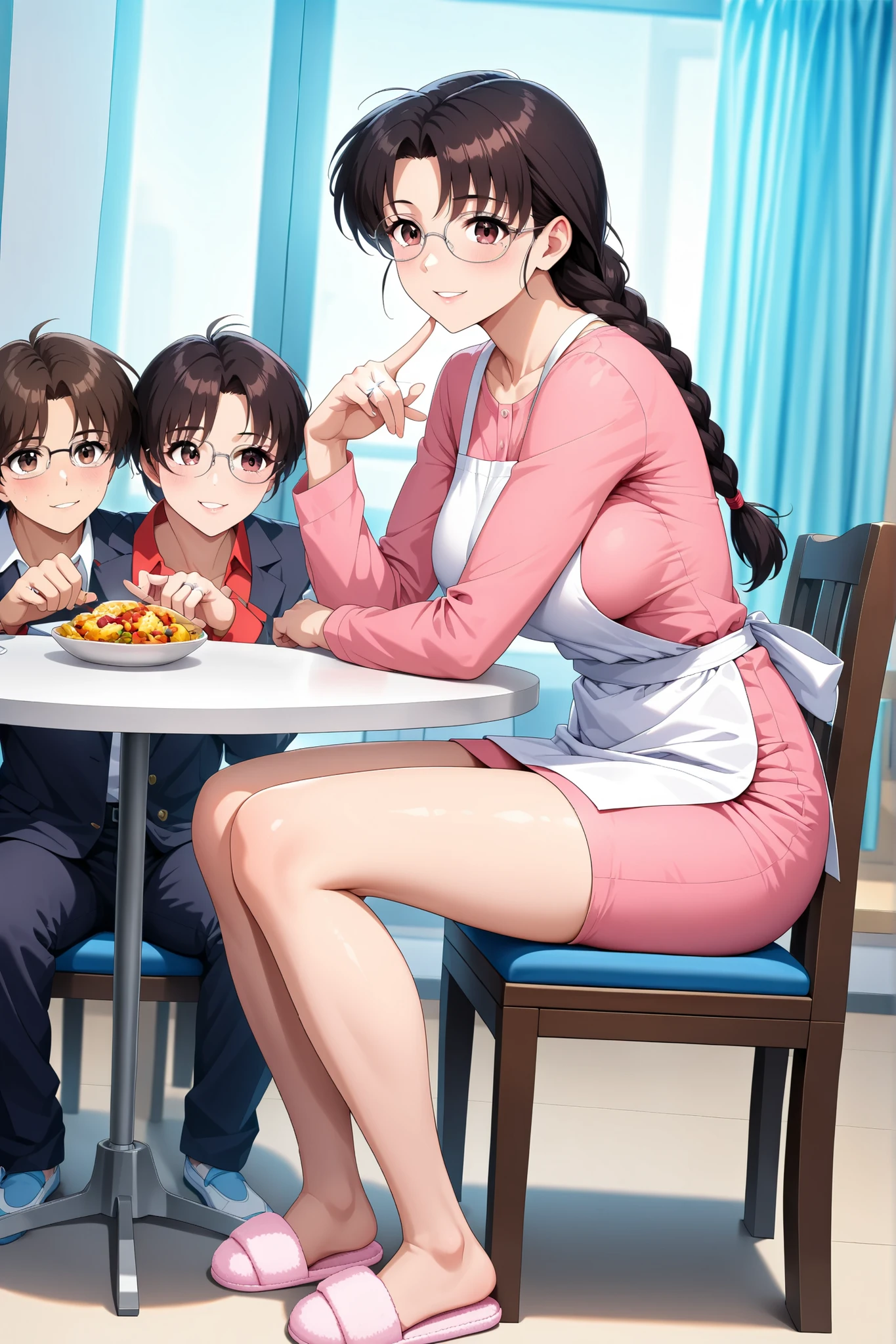 (Score 9, score 8 up) 、Arima Ayumi , ((brown hair:1.3)) ,Glasses, braids, single braids、 long hair, straight hair, , ((brown eyes:1.3)) ,1 woman, mature woman,The woman is mom, beautiful double eyelids, beautiful double eyelidsと下まつげ , Split Lips ,Mom's wedding ring on the ring finger of her left hand,mom's medium boobs,Beautiful Breasts, (Retro Art Style by Masaki Takei)、Mom and her middle school son and son's 2 male classmates、son's male classmate is fascinated by mom,, BREAK 、, ((pink long sleeve:1.2)), ((pink skirt:1.2)), white squishy lace panties,((short skirt:1.2)),Indoor Slippers, white apron、 Scuff BREAK (1 woman, 26 years old), Mom's gentle smile BREAK ((dining table:1.Chair:1.2))、 Food、 BREAK Beautiful Artwork, Best Aesthetic, High Resolution, masterpiece, Perfect Details, top quality、 ((Full Body Picture)), ((4K,8k,Ultra HD)),((masterpiece :1.2)),((top quality :1.2)),((details :1.5)),((details background :1.5))
