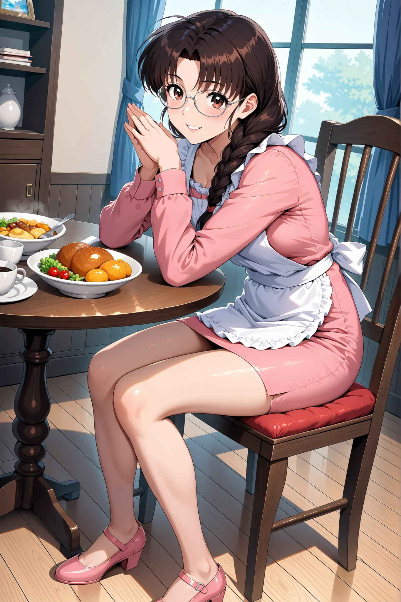 (Score 9, score 8 up) 、Arima Ayumi , ((brown hair:1.3)) ,Glasses, braids, single braids、 long hair, straight hair, , ((brown eyes:1.3)) , 1 girl , solo 、1 woman, mature woman, beautiful double eyelids, beautiful double eyelidsと下まつげ , Split Lips , , (Retro Art Style by Masaki Takei) BREAK 、, ((pink long sleeve:1.2)), ((pink skirt:1.2)), ((short skirt:1.2)), white apron、 Scuff BREAK (1 woman, 26 years old), happy smile BREAK ((dining table:1.Chair:1.2))、 Food、 BREAK Beautiful Artwork, Best Aesthetic, High Resolution, masterpiece, Perfect Details, top quality、 ((Full Body Picture)), ((4K,8k,Ultra HD)),((masterpiece :1.2)),((top quality :1.2)),((details :1.5)),((details background :1.5))