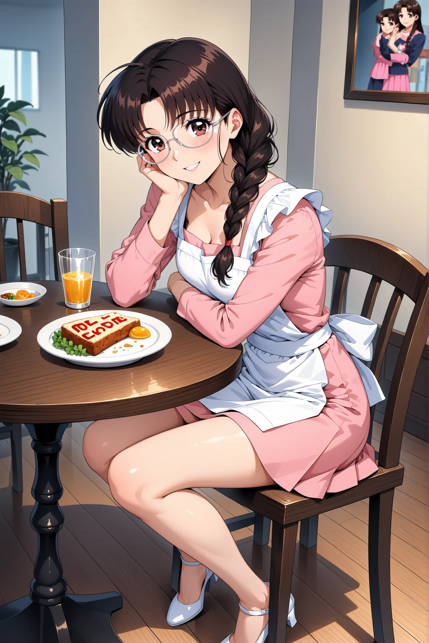 (Score 9, score 8 up) 、Arima Ayumi , ((brown hair:1.3)) ,Glasses, braids, single braids、 long hair, straight hair, , ((brown eyes:1.3)) , 1 girl , solo 、1 woman, mature woman, beautiful double eyelids, beautiful double eyelidsと下まつげ , Split Lips , , (Retro Art Style by Masaki Takei) BREAK 、, ((pink long sleeve:1.2)), ((pink skirt:1.2)), ((short skirt:1.2)), white apron、 Scuff BREAK (1 woman, 26 years old), happy smile BREAK ((dining table:1.Chair:1.2))、 Food、 BREAK Beautiful Artwork, Best Aesthetic, High Resolution, masterpiece, Perfect Details, top quality、 ((Full Body Picture)), ((4K,8k,Ultra HD)),((masterpiece :1.2)),((top quality :1.2)),((details :1.5)),((details background :1.5))