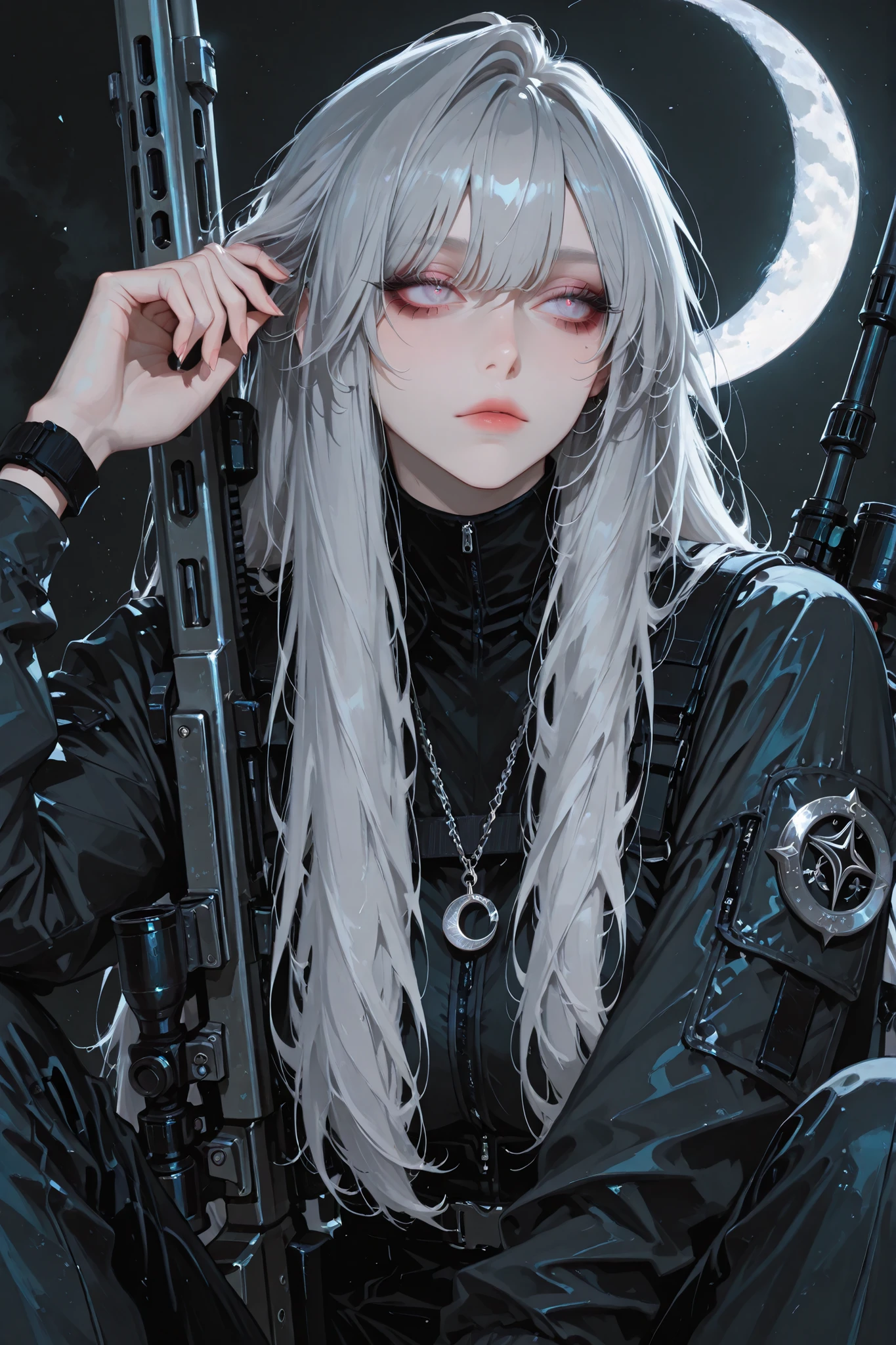 anime style, anime coloring, 8k, HDR, extremely detailed face and eyes, beautiful face and eyes, solo, beautiful, cool, masterpiece, top quality, great
quality, pose, background, highres, matte colouring, flat colouring, matte skin, 1girl, young woman, ash grey hair, emotionless face, neonpink eyes, sits in rumble, adjusting her hair, silver crescent moon pendant, silver metal, black masculine techwear, sniper rifle on the back