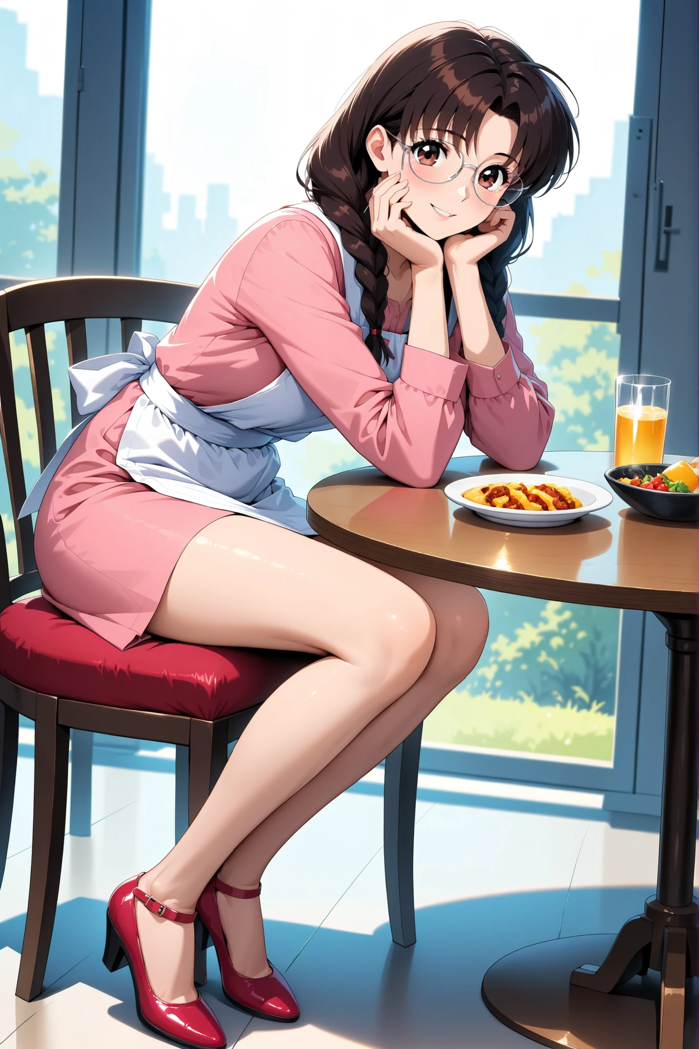 (Score 9, score 8 up) 、Arima Ayumi , ((brown hair:1.3)) ,Glasses, braids, single braids、 long hair, straight hair, , ((brown eyes:1.3)) , 1 girl , solo 、1 woman, mature woman, beautiful double eyelids, beautiful double eyelidsと下まつげ , Split Lips , , (Retro Art Style by Masaki Takei) BREAK 、, ((pink long sleeve:1.2)), ((pink skirt:1.2)), ((short skirt:1.2)), white apron、 Scuff BREAK (1 woman, 26 years old), happy smile BREAK ((dining table:1.Chair:1.2))、 Food、 BREAK Beautiful Artwork, Best Aesthetic, High Resolution, masterpiece, Perfect Details, top quality、 ((Full Body Picture)), ((4K,8k,Ultra HD)),((masterpiece :1.2)),((top quality :1.2)),((details :1.5)),((details background :1.5))