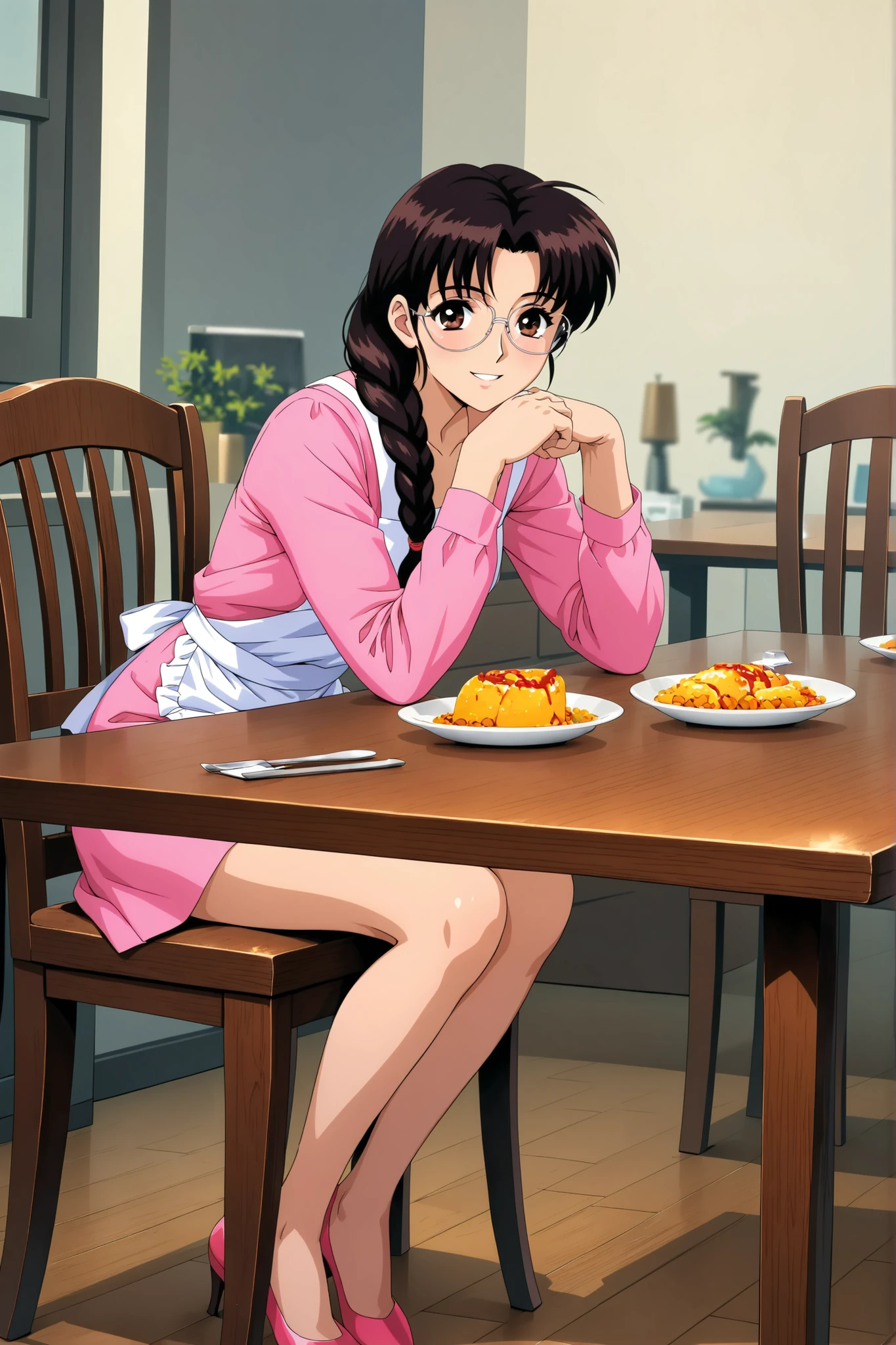 (Score 9, score 8 up) 、Arima Ayumi , ((brown hair:1.3)) ,Glasses, braids, single braids、 long hair, straight hair, , ((brown eyes:1.3)) , 1 girl , solo 、1 woman, mature woman, beautiful double eyelids, beautiful double eyelidsと下まつげ , Split Lips , , (Retro Art Style by Masaki Takei) BREAK 、, ((pink long sleeve:1.2)), ((pink skirt:1.2)), ((short skirt:1.2)), white apron、 Scuff BREAK (1 woman, 26 years old), happy smile BREAK ((dining table:1.Chair:1.2))、 Food、 BREAK Beautiful Artwork, Best Aesthetic, High Resolution, masterpiece, Perfect Details, top quality、 ((Full Body Picture)), ((4K,8k,Ultra HD)),((masterpiece :1.2)),((top quality :1.2)),((details :1.5)),((details background :1.5))