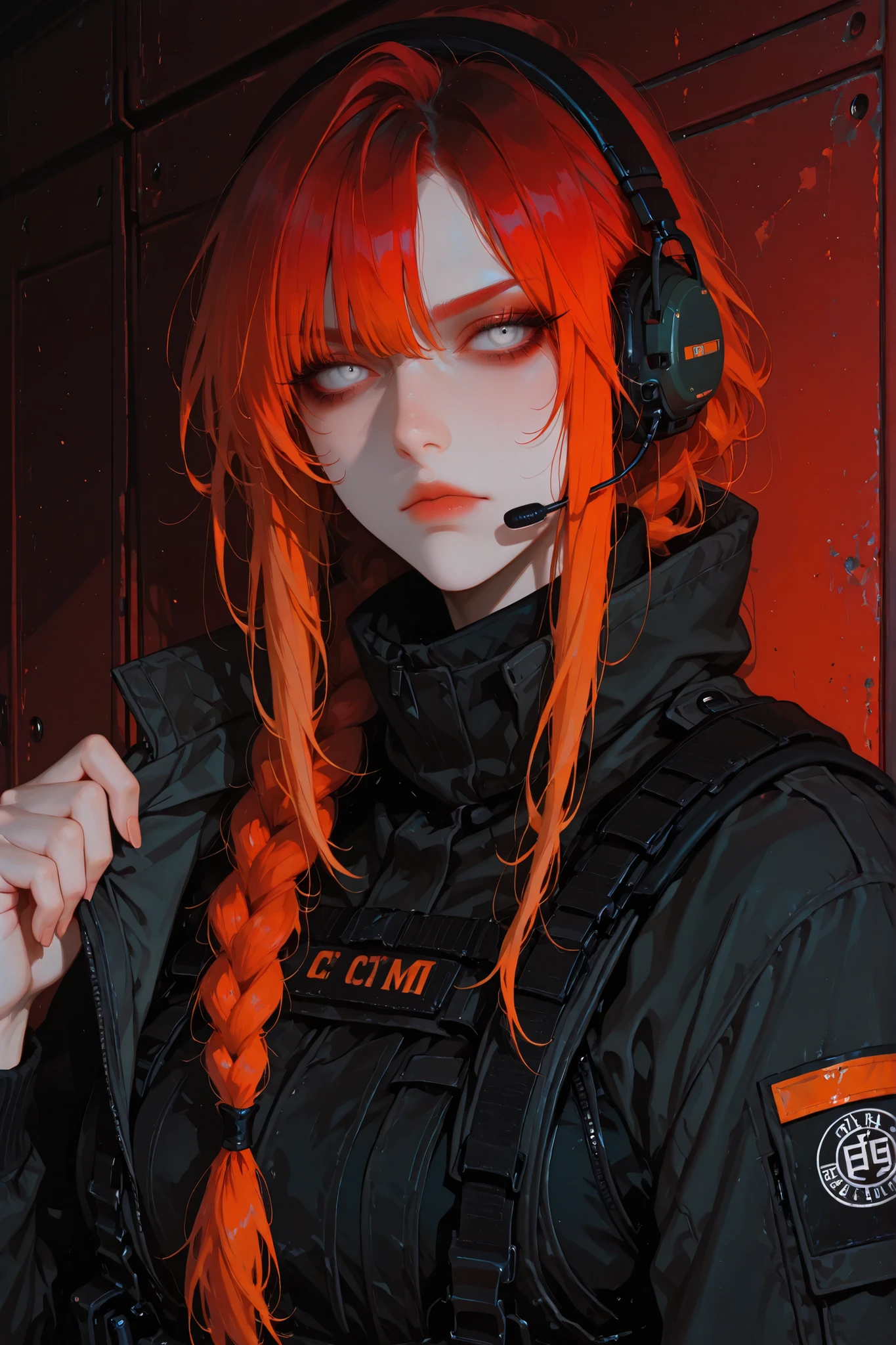 anime style, anime coloring, 8k, HDR, extremely detailed face and eyes, beautiful face and eyes, solo, beautiful, cool, masterpiece, top quality, great
quality, pose, background, highres, matte colouring, flat colouring, matte skin, 1girl, young woman, comm operator, operator, uniform, headset, serious face expression, braided dustyred hair, icywhite eyes, black clothing, taking off her jacket