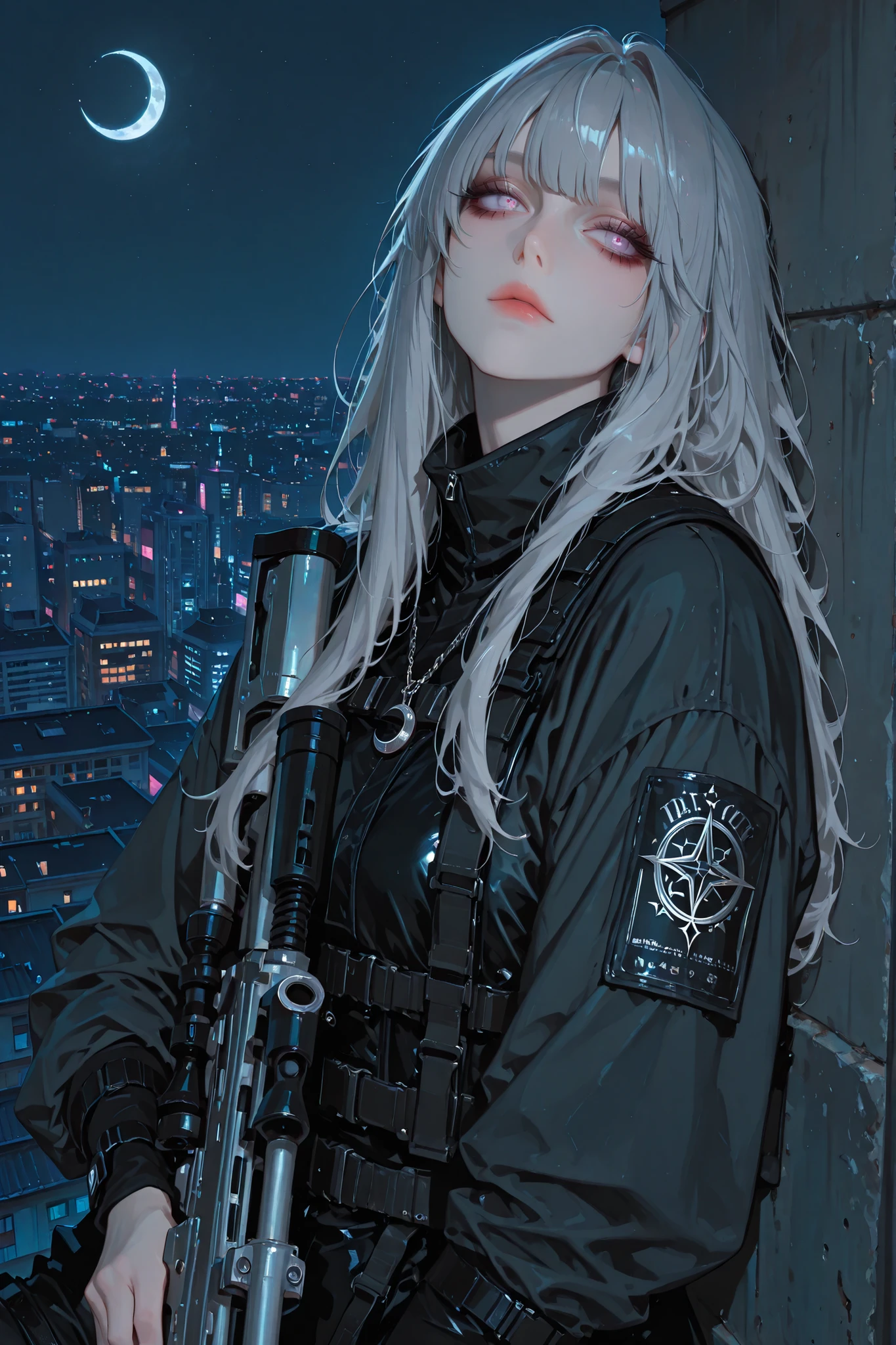 anime style, anime coloring, 8k, HDR, extremely detailed face and eyes, beautiful face and eyes, solo, beautiful, cool, masterpiece, top quality, great
quality, pose, background, highres, matte colouring, flat colouring, matte skin, 1girl, young woman, ash grey hair, bangs, emotionless face, neonpink eyes, adjusting her hair, silver crescent moon pendant, silver metal, black masculine techwear, on the city roof, night, leaning on wall, hugging her sniper rifle