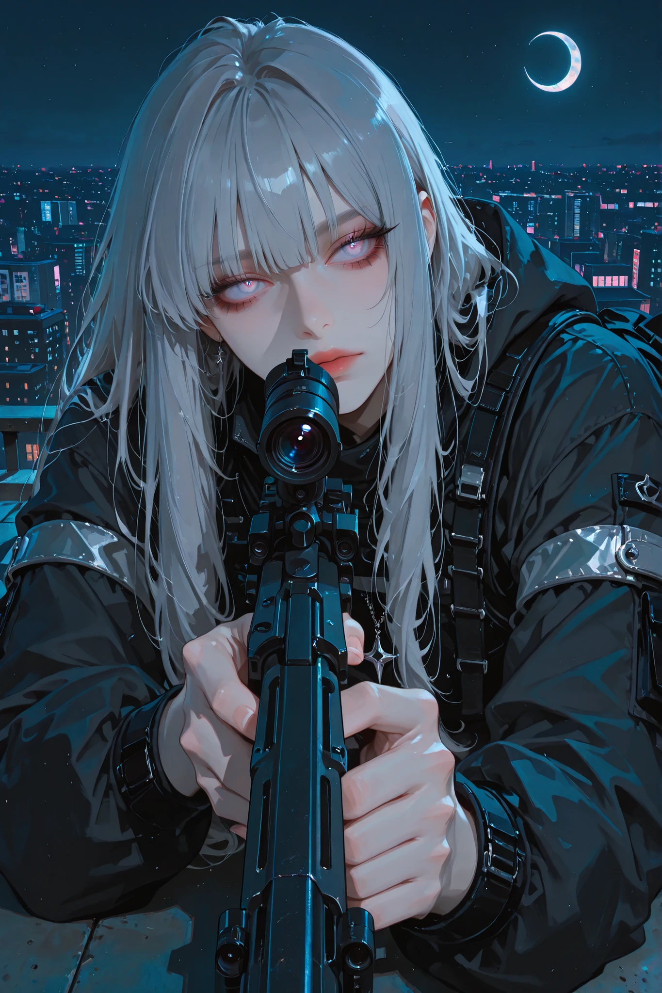 anime style, anime coloring, 8k, HDR, extremely detailed face and eyes, beautiful face and eyes, solo, beautiful, cool, masterpiece, top quality, great
quality, pose, background, highres, matte colouring, flat colouring, matte skin, 1girl, young woman, ash grey hair, bangs, emotionless face, neonpink eyes, adjusting her hair, silver crescent moon pendant, silver metal, black masculine techwear, night, city roof, lying, aiming, sniper rifle, ready to shoot