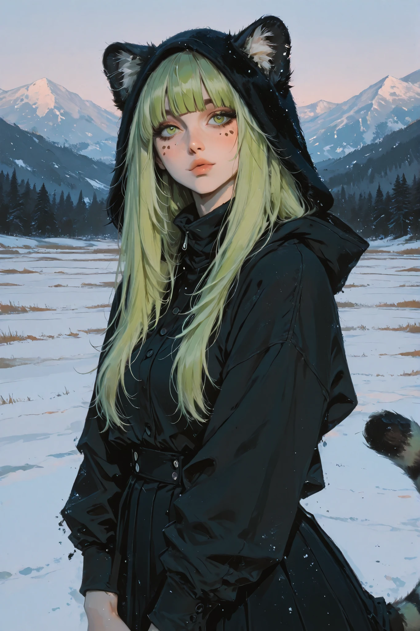 anime style, anime coloring, 8k, HDR, extremely detailed face and eyes, beautiful face and eyes, solo, beautiful, cool, masterpiece, top quality, great
quality, pose,
background, highres, matte colouring, flat colouring, 1girl, young woman, apathetic face expression, yellowish green eyes, fair hair, straight hair, long hair, oval face shape, round face, soft face features, glossy lips, pallas cat ears, catgirl, manulgirl, pallas cat tail, maxi skirt, goth attire, black sarafan, black hood, warm clothes, winter landscape, front bangs, small ears, matte skin, matte, matte colouring, fair ears
