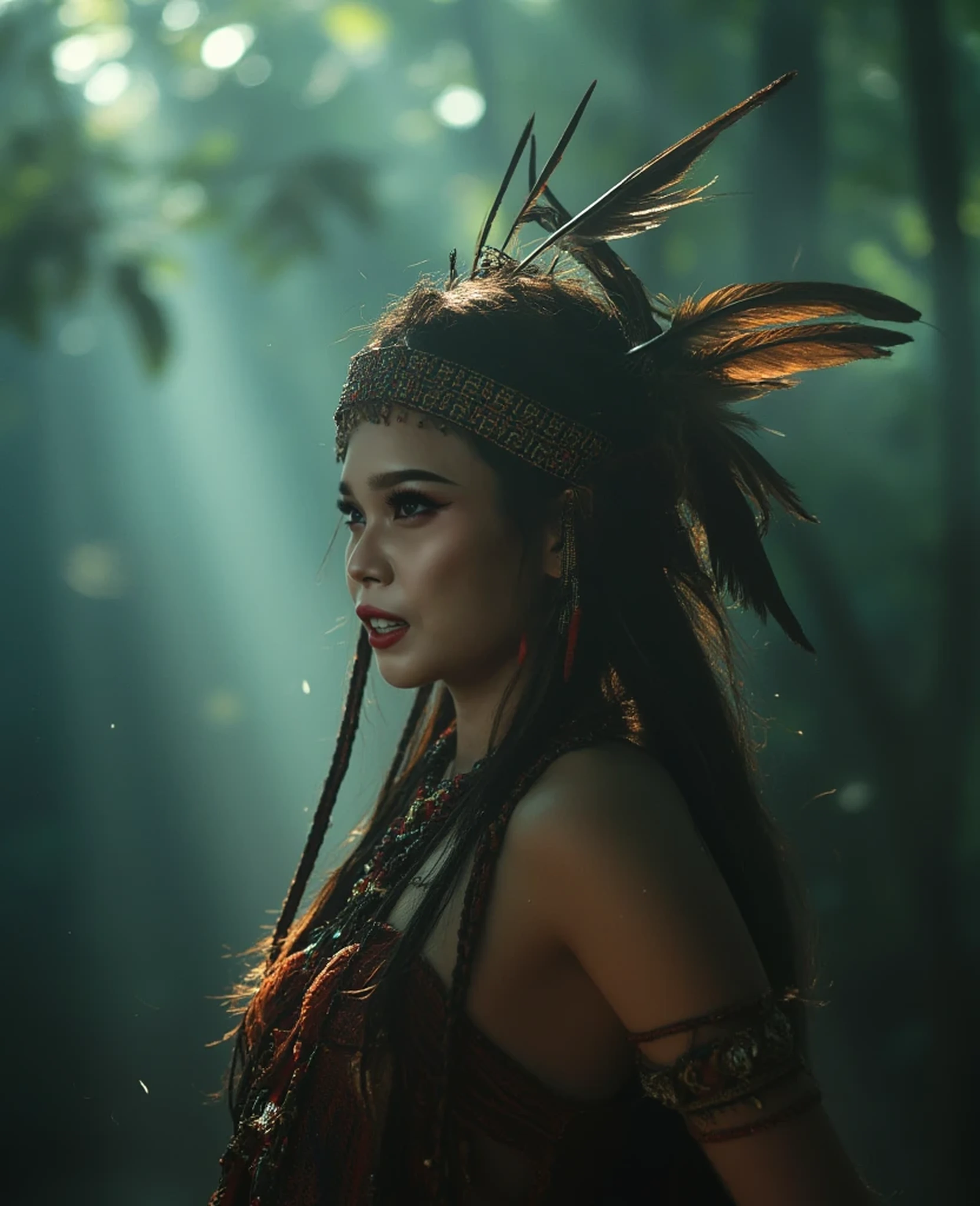 **“An ultra-close-up portrait of a beautiful Dayak woman, standing in a mystical forest filled with a soft, glowing mist and floating dreamlike particles. Her face is softly illuminated by an ethereal light, giving her skin a silky, dreamlike texture. She wears a dark, fantasy reinterpretation of traditional Dayak dress—intricate beads in crimson, black obsidian, and ancient gold, forming sharp, symmetrical geometric patterns.

Her headdress has transformed into a more mystical tribal crown: a beaded circlet of black and red stone, adorned with luminous gold thread and magical symbols. Three large feathers rise upward, now darker, longer, and edged with a shimmering metallic gradient, giving her an almost supernatural aura. Small spirit beads hang along her forehead, shimmering like tiny embers.

Her hair falls in soft waves, blowing slightly in the breeze, with subtle magical light intertwined between the strands. She wears a dark, fantasy armband made of braided dark fibers, adorned with miniature bone amulets and magical feathers.

Background blurred into a beautiful forest bokeh—emerald green, dark shadows, drifting lights, and faint mystical smoke. The atmosphere is tribal, powerful, ancient, yet enchanting.

Ultra-realistic skin details, sharp eyes with soft light reflections, cinematic lighting, volumetric light, shallow depth of field, dark mystical tones, fantasy realism, a magical atmosphere, a beautiful atmosphere, highly detailed beaded textures, ultra-photorealistic.**

“Maintains the exact facial identity of the reference photo, retains identical facial structure, retains the original eyes, nose, lips, and jawline, no enhancements, no reshaping, ultra-realistic, highly detailed skin textures, faithful likeness.” tatapan dingin ke kamera