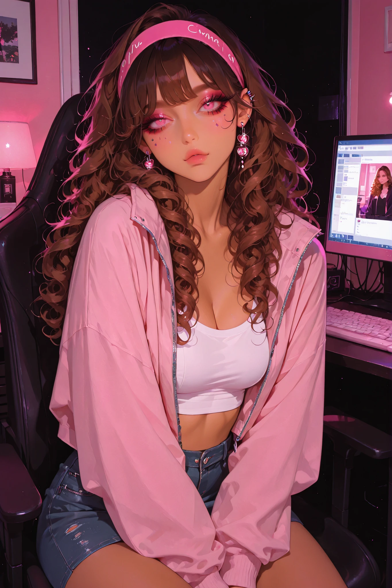 anime style, anime coloring, 8k, HDR, extremely detailed face and eyes, beautiful face and eyes, solo, beautiful, cool, masterpiece, top quality, great
quality, pose, background, highres, matte skin, matte colouring, 1girl, young woman, tan skin, dark curly hair, asian, gyaru makeup, pink eyes, streamer at home, revealing clothes, crop top, pink, black, white, short skirt, unzipped oversized jacket, big earrings, piercings, layered jewellery, pink headband, aegyo sal, glow, blushy cheeks, delicate skin texture, glossy eyes, detailed eyelashes, pouty lips, cute expression, very perfect long eyelashes, brown hair, curly hair, home interior, computer chair, characters sits in the computer chair