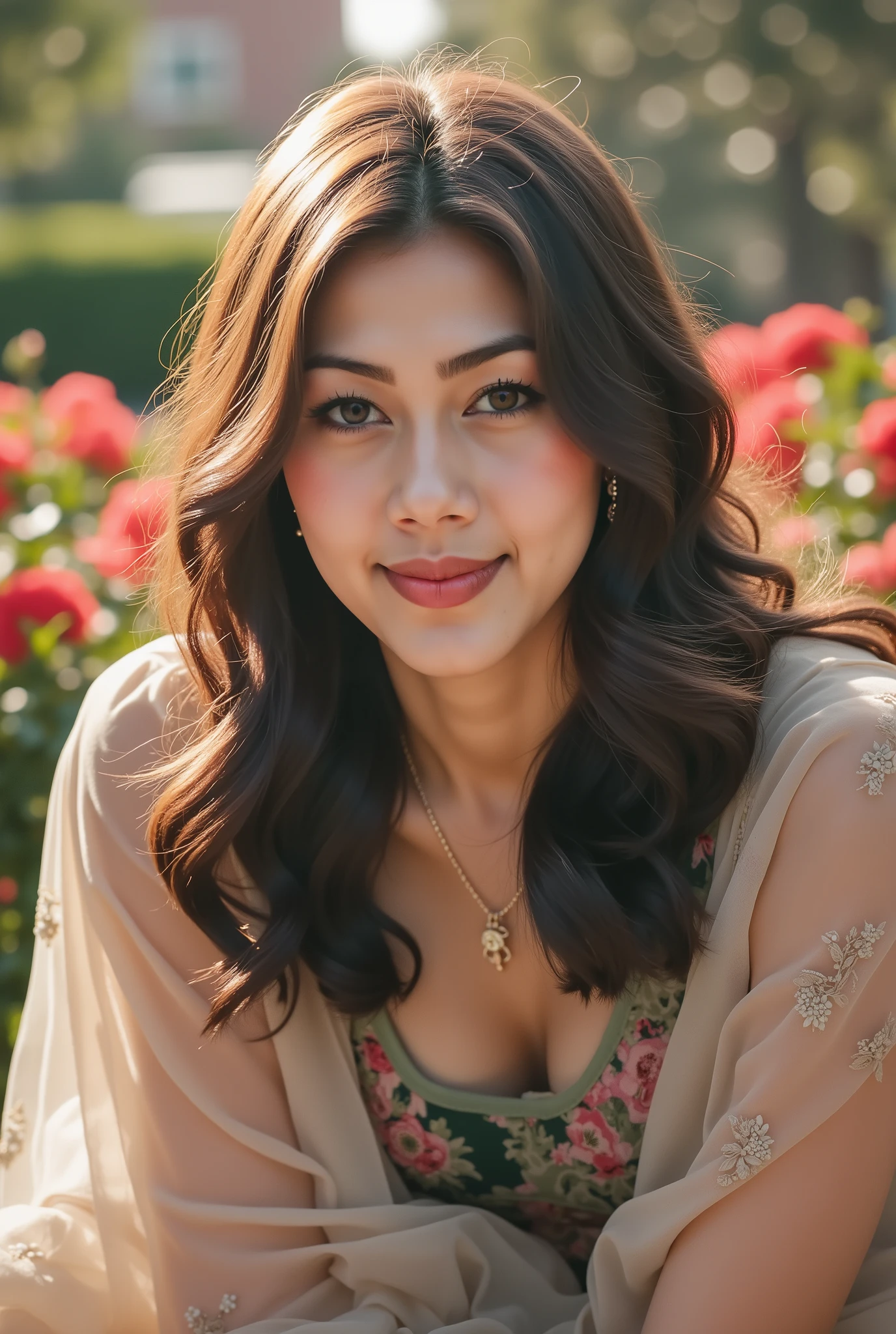 masterpiece, 8k, Highest Quality, detail, high resolution, Digital Photo, ultra detailed, Three-quarter view portrait of a young woman crouching for a photo in front of the university’s flower garden after her graduation ceremony, cap tilted playfully. Her wavy hair frames a joyful, tear-bright smile. Shot on DSLR 30mm lens at f1.4, focused on expressive eyes with foreground flowers out of focus, creamy background bokeh from festive decorations. Skin illuminated with soft ambient light, highly detailed in gown folds and fine jewelry, vivid celebration colors, feeling of nostalgia and achievement, premium editorial quality.