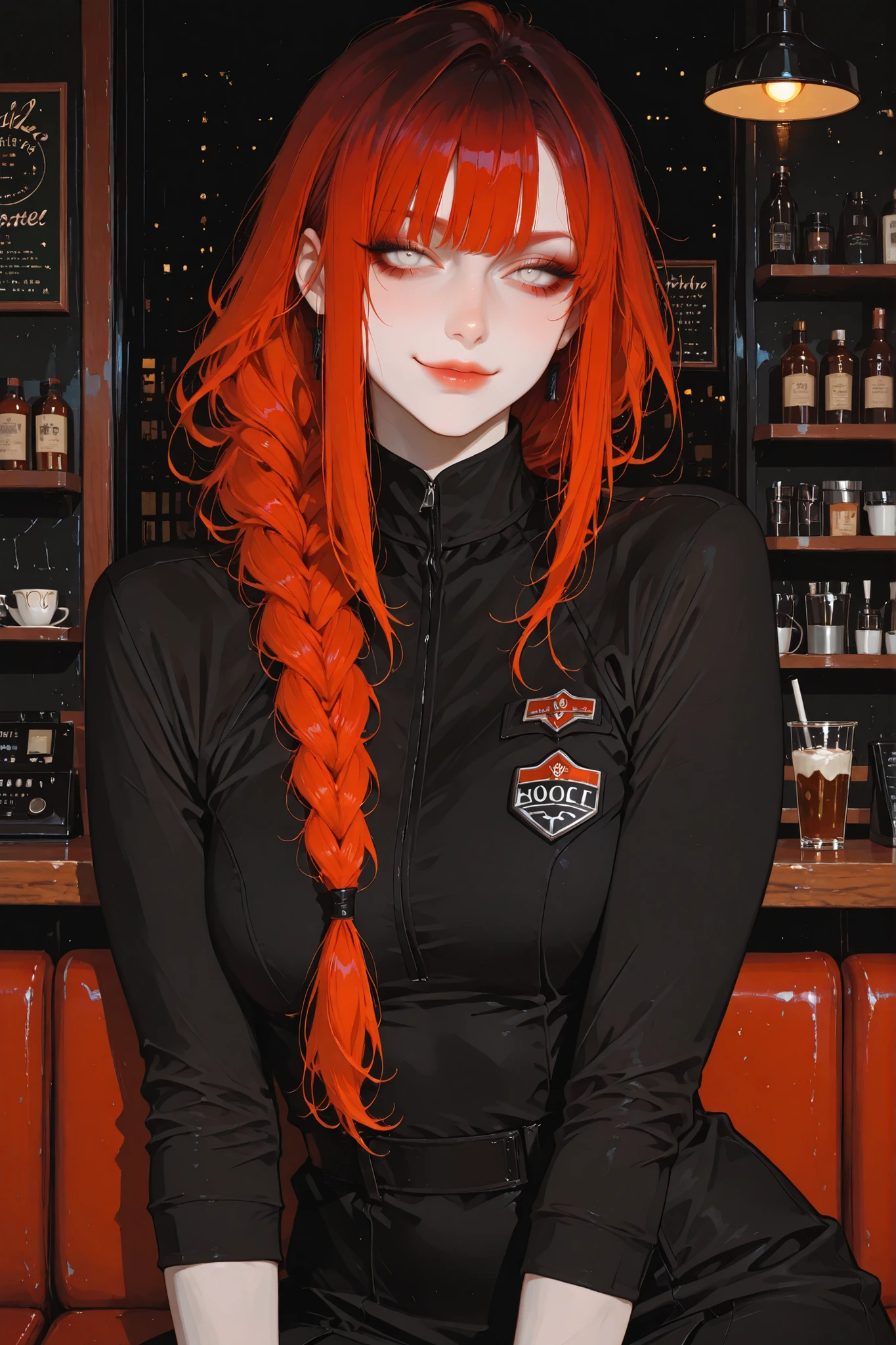 anime style, anime coloring, 8k, HDR, extremely detailed face and eyes, beautiful face and eyes, solo, beautiful, cool, masterpiece, top quality, great
quality, pose, background, highres, matte colouring, flat colouring, matte skin, 1girl, young woman, smirk, braided dustyred hair, half-bangs, icywhite eyes, black clothing, sport chic style, tight black dress, sport dress, athletic woman, military officer off work, sitting in cafe