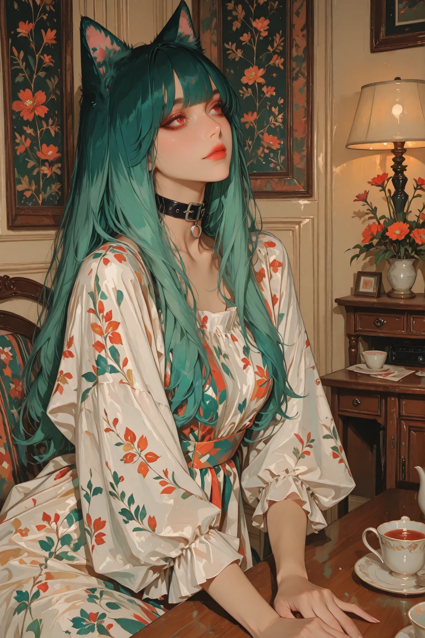 anime style, anime coloring, 8k, HDR, extremely detailed face and eyes, beautiful face and eyes, solo, beautiful, cool, masterpiece, top quality, great
quality, pose, background, highres, matte colouring, matte skin, 1girl, young woman, emerald hair, long hair, bangs, red eyes, cat ears, black collar, simple cut dress, abstract patterns on dress, colourful dress, multicoloured dress, silver jewellery, having a tea party, side angle, lit room, flowers on table, cozy background