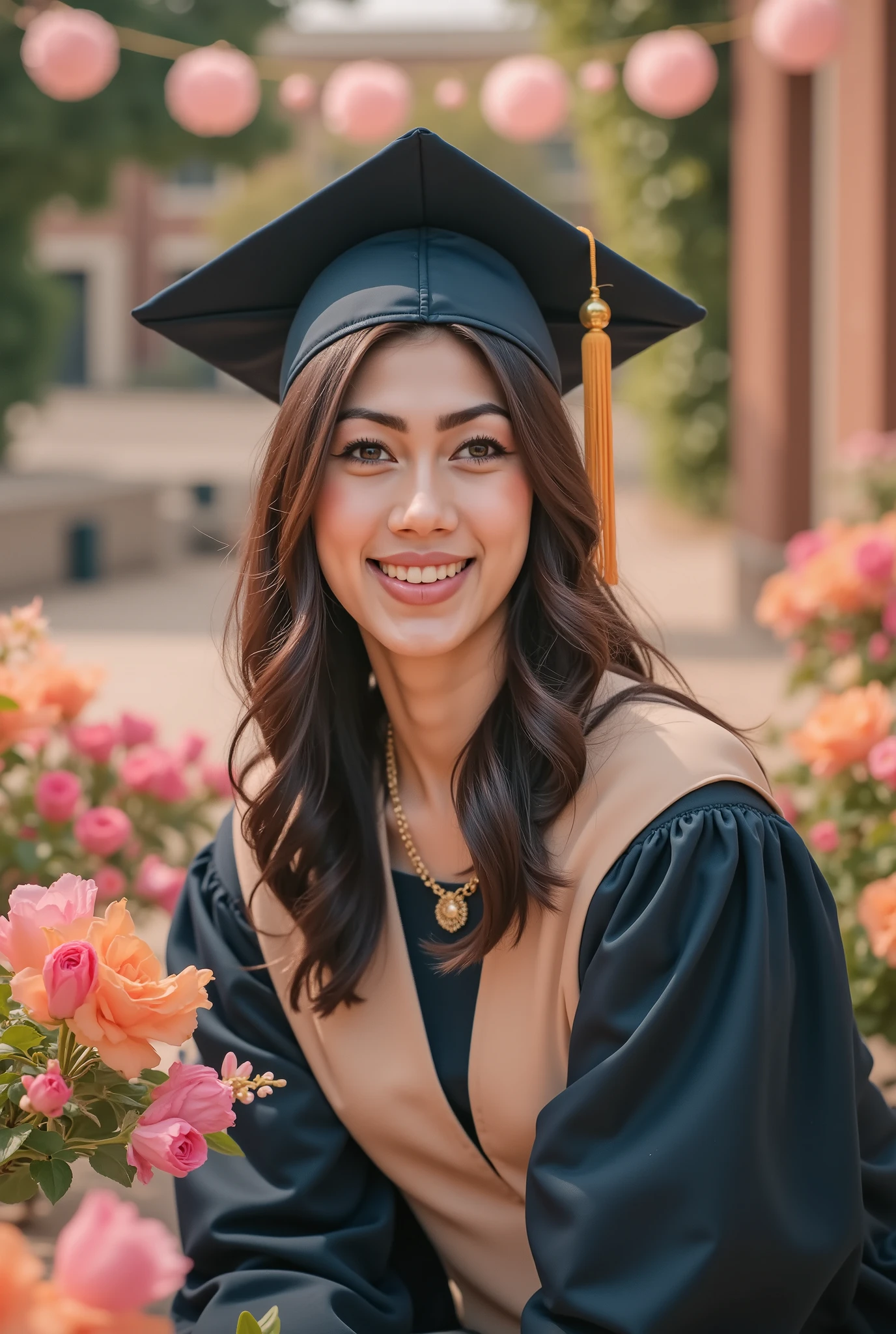 masterpiece, 8k, Highest Quality, detail, high resolution, Digital Photo, ultra detailed, Three-quarter view portrait of a young woman crouching for a photo in front of the university’s flower garden after her graduation ceremony, cap tilted playfully. Her wavy hair frames a joyful, tear-bright smile. Shot on DSLR 30mm lens at f1.4, focused on expressive eyes with foreground flowers out of focus, creamy background bokeh from festive decorations. Skin illuminated with soft ambient light, highly detailed in gown folds and fine jewelry, vivid celebration colors, feeling of nostalgia and achievement, premium editorial quality.