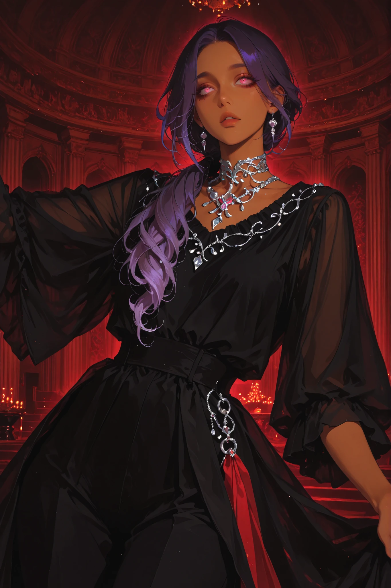 anime style, anime coloring, 8k, HDR, extremely detailed face and eyes, beautiful face and eyes, solo, beautiful, cool, masterpiece, top quality, great
quality, pose, background, highres, matte colouring, flat colouring, matte skin, 1girl, young woman, tan skin, brown skin, purple hair, pink eyes, low ponytail, loose lock on right temple, parted hair, centre parted hair, minimalistic jewellery, layered jewellery, multiple chains on neck, silver jewellery, simple pendants, silver earrings, black pants, surprised face expression, black and red dress, elegant, party, celebration, fancy hall background, well lit, ballroom, swirling movement, hair flow, fabric flow, dynamic swirl, dancing, gothic