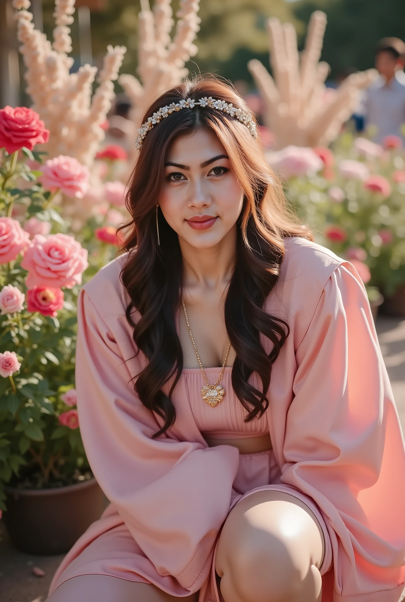 masterpiece, 8k, Highest Quality, detail, high resolution, Digital Photo, ultra detailed, Three-quarter view portrait of a young woman crouching for a photo in front of the university’s flower garden after her graduation ceremony, cap tilted playfully. Her wavy hair frames a joyful, tear-bright smile. Shot on DSLR 30mm lens at f1.4, focused on expressive eyes with foreground flowers out of focus, creamy background bokeh from festive decorations. Skin illuminated with soft ambient light, highly detailed in gown folds and fine jewelry, vivid celebration colors, feeling of nostalgia and achievement, premium editorial quality.