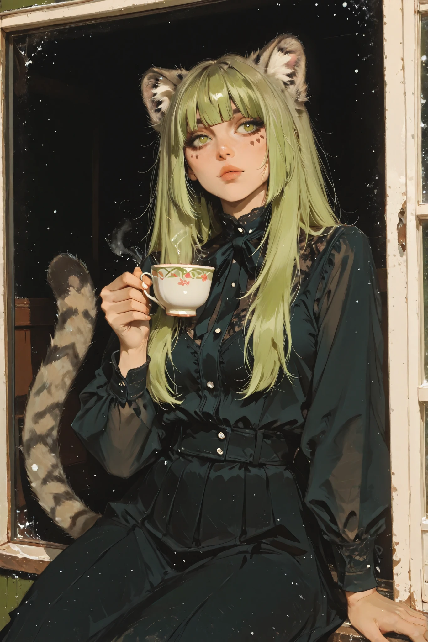 anime style, anime coloring, 8k, HDR, extremely detailed face and eyes, beautiful face and eyes, solo, beautiful, cool, masterpiece, top quality, great
quality, pose,
background, highres, matte colouring, flat colouring, 1girl, young woman, apathetic face expression, yellowish green eyes, fair hair, straight hair, long hair, oval face shape, round face, soft face features, glossy lips, pallas cat ears, catgirl, manulgirl, pallas cat tail, maxi skirt, goth attire, black sarafan, front bangs, small ears, matte skin, matte, matte colouring, fair ears, at home, drinking tea, sitting by the window, snowfall outside