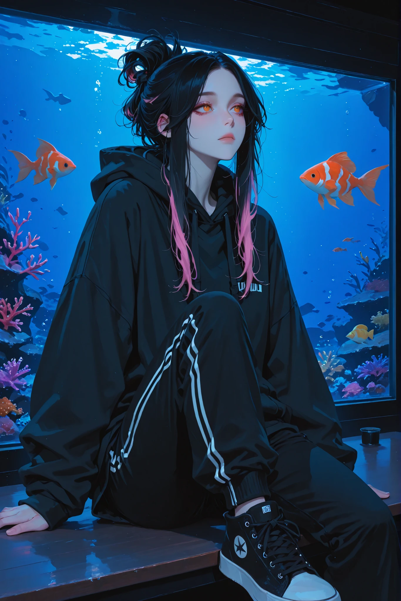 anime style, anime coloring, 8k, HDR, extremely detailed face and eyes, beautiful face and eyes, solo, beautiful, cool, masterpiece, top quality, great
quality, pose, background, highres, matte colouring, flat colouring, matte skin, 1girl, young woman, parted hair, centre parted hair, loose locks in front, updo hair, black hair, pink streaks in hair, hotpink streaks in hair, fuchsia streaks in hair, multicoloured hair, orange eyes, black oversized hoodie, black sweatpants, black trainers, sitting on table, legs on table, staring at aquarium,