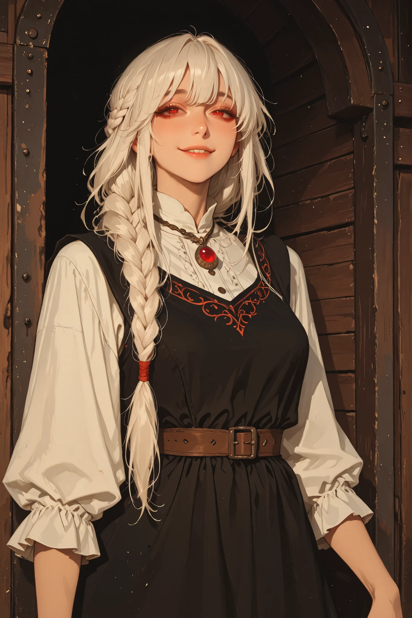 anime style, anime coloring, 8k, HDR, extremely detailed face and eyes, beautiful face and eyes, solo, beautiful, cool, masterpiece, top quality, great
quality, pose, background, highres, 1girl, young woman, fair hair, long hair, thin bangs, 1braid, loose braid, thick braid, red eyes, cunning smile, simple dress, village girl, vintage dress, black dress, white blouse under dress, medieval dress, red gem pendant, blackened metal pendant, modest dress, village background