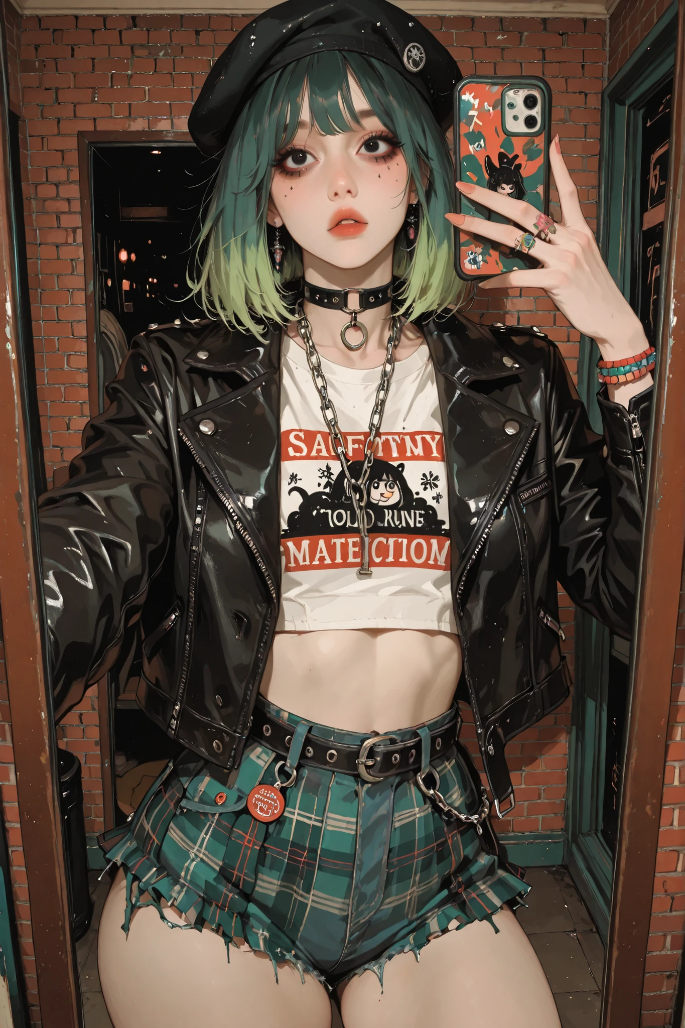 anime style, anime coloring, 8k, HDR, extremely detailed face and eyes, beautiful face and eyes, solo, beautiful, cool, masterpiece, top quality, great
quality, pose, background, highres, matte colouring, flat colouring, matte skin, 1girl, young woman, slightly surprised look, black eyes, green hair, flat chest, thick thighs, leather beret, leather jacket, crop top, short denim shorts, tartan halfskirt, chains on shorts, safety pins, choker, neck chain jewellery, a lot of jewellery, Chinese street fashion, Chinese punk fashion, 亚比,亚文化, in the room, punk style room, brick wall wallpaper, mirror, taking mirror selfie